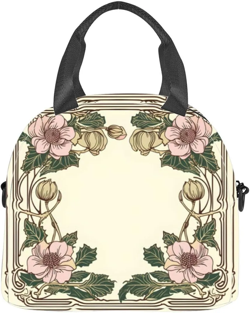 label art nouveau square Insulated Adult Lunch Bag with Shoulder Strap for Women Lightweight Reusable Portable Freezable Lunch Tote Bag for Work Picnic