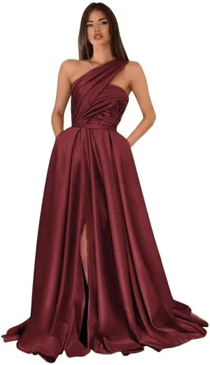 Lace Appliques Satin Prom Dress Long with Slit for Women 2025 One Shoulder Formal Evening Gown with Pockets