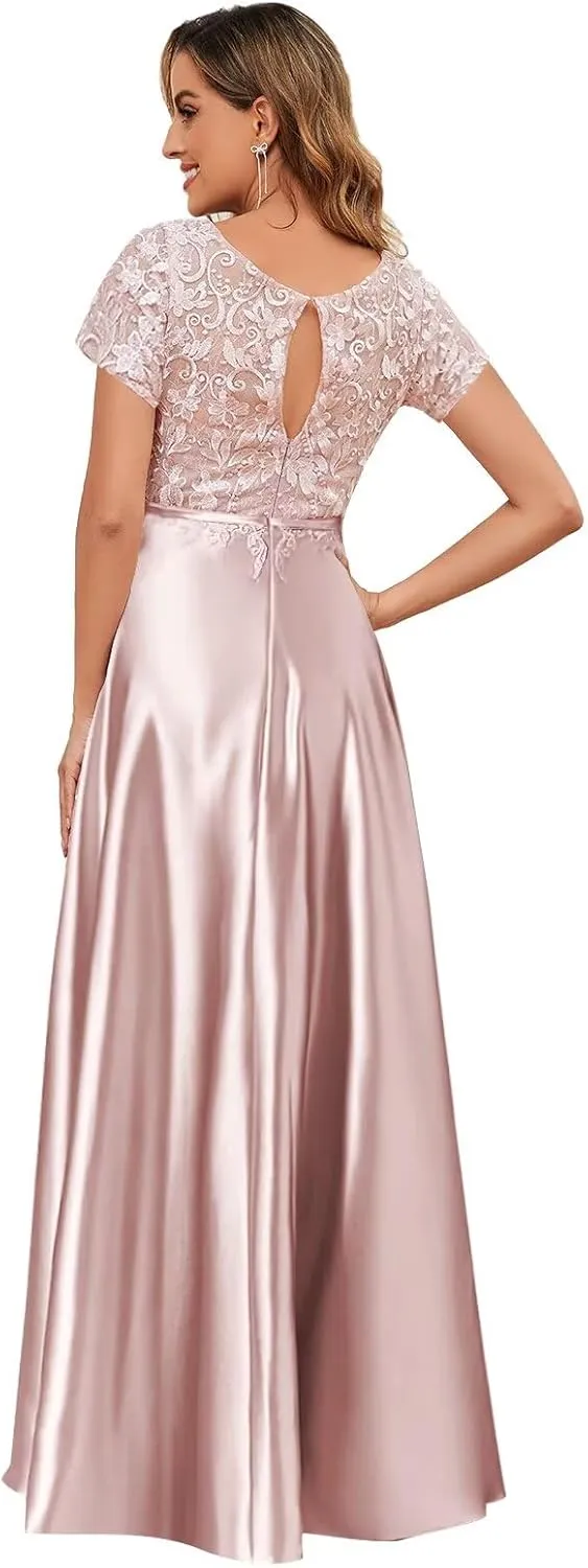 Lace Satin Mother of The Bride Dresses for Women Long Modest Short Sleeve Formal Evening Dress with Pockets