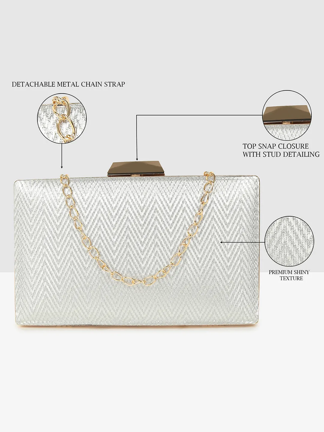 Ladies Silver Purse Handbag with Detachable Chain Sling Strap