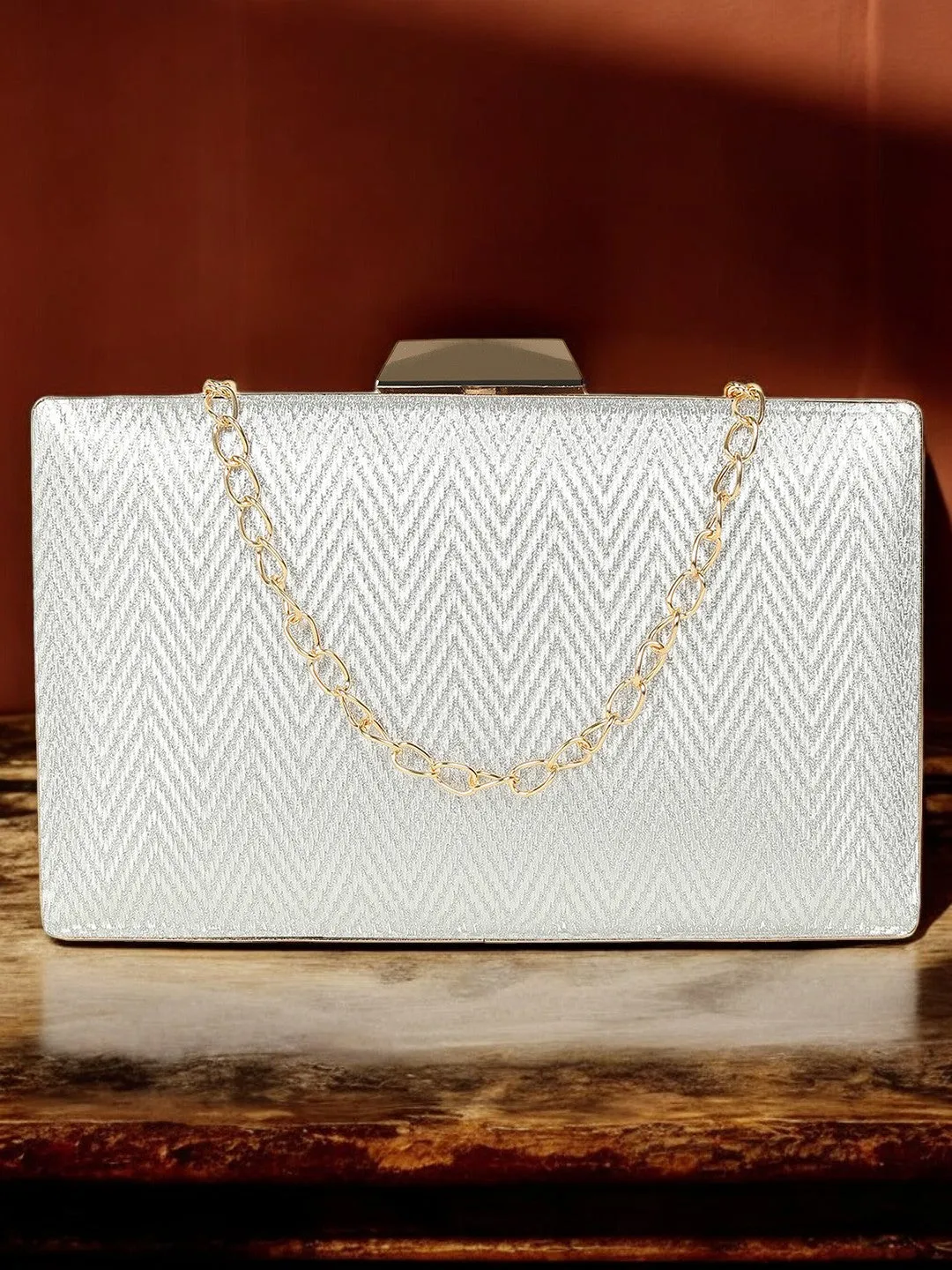Ladies Silver Purse Handbag with Detachable Chain Sling Strap