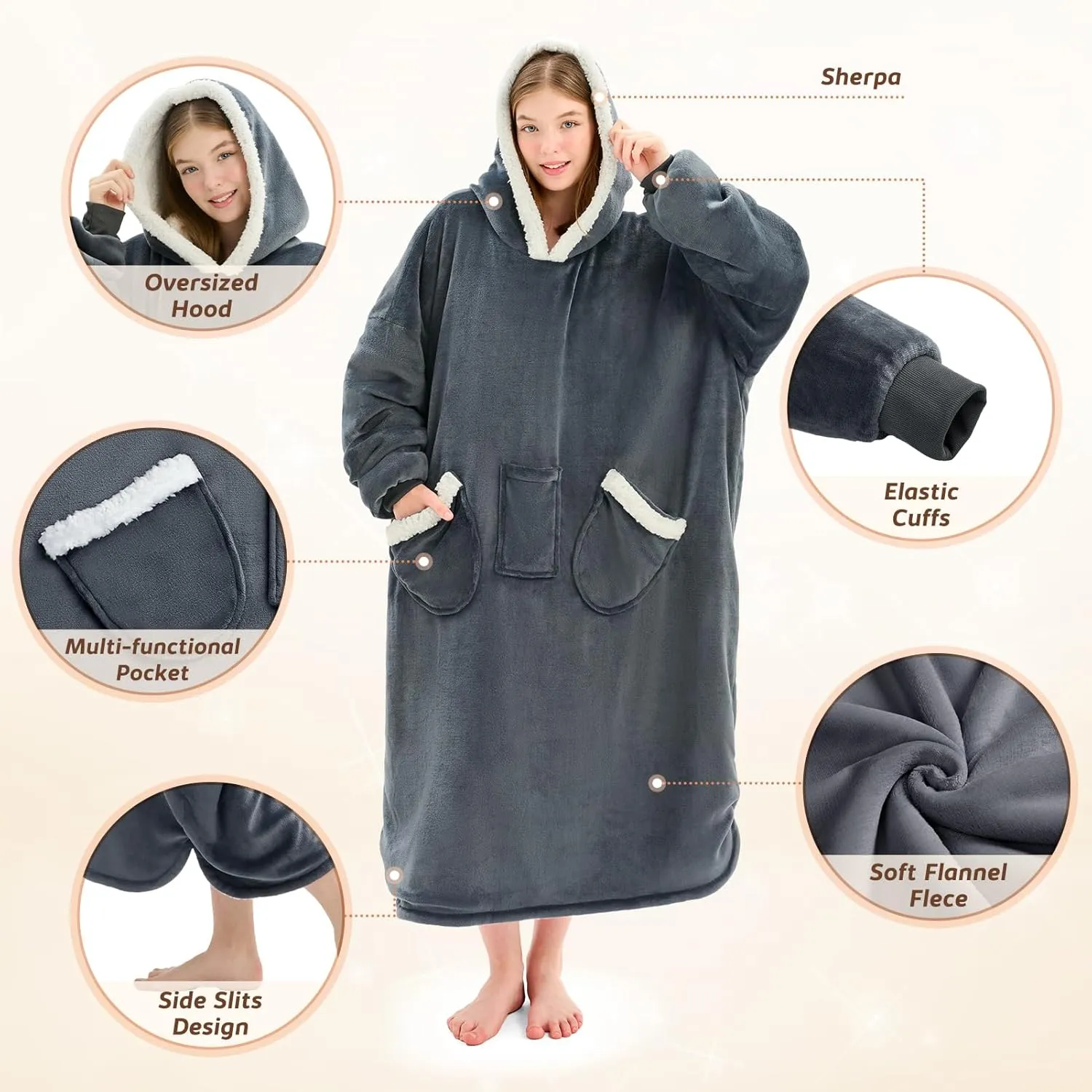 L'AGRATY Oversized Wearable Blanket Hoodie for Adults - Premium Sherpa Fleece Hoodie Blankets for Women Men - Super Cozy Warm Long Wearable Blanket Hoodie Sweatshir with Giant Pocket(Grey)