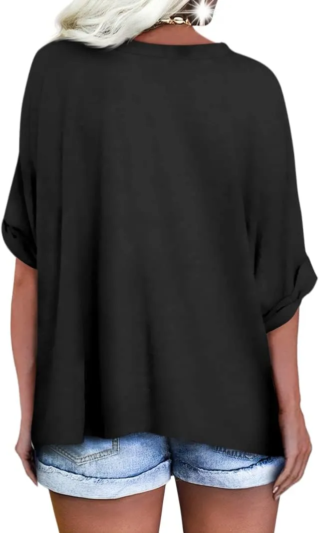 Langwyqu Women's Oversized T Shirts V Neck Short Sleeve Summer Casual Loose Tops Tees