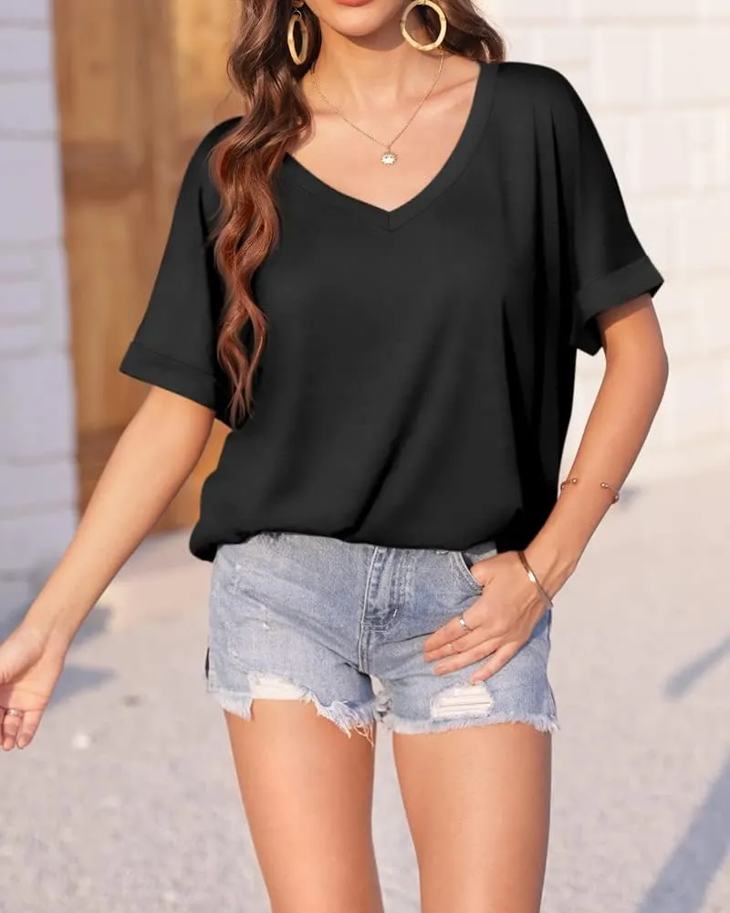 Langwyqu Women's Oversized T Shirts V Neck Short Sleeve Summer Casual Loose Tops Tees