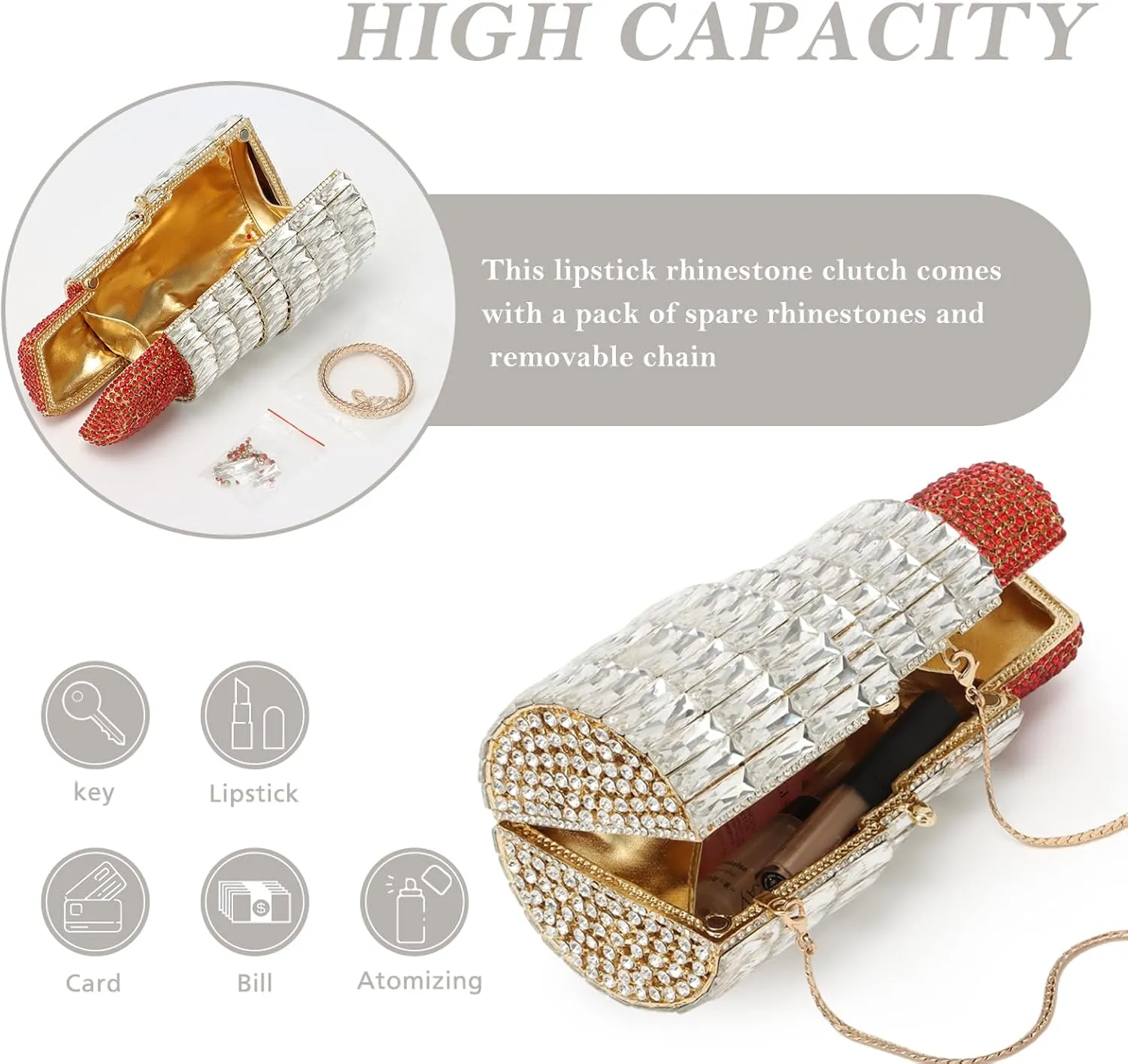 Lanpet Women Crystal Rhinestone Evening Bags Lipstick Shape Clutch Purses Vintage Wedding Party Banquet Handbag