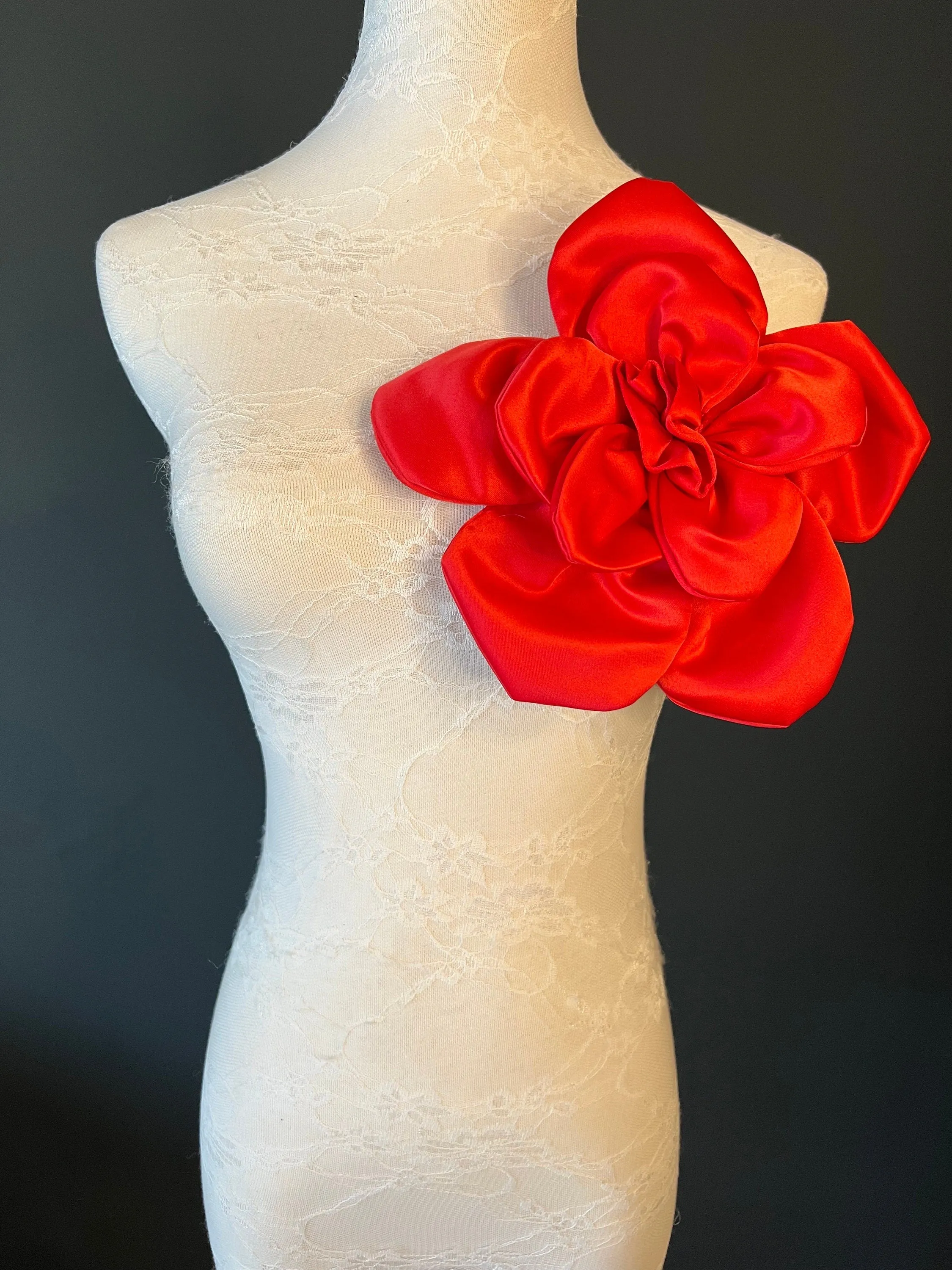 Large 3D Corsage Flower, Red, 9” Wide, 23cm, Hat Pin on Corsage, Bridal, Clothing, Dress, Hat, Accessory, FAN Design, Hair Pin Corsage