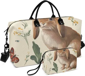 Large Bag Carry on Weekender Overnight Bag Gym Sports Carry with Toiletry Bag for Yoga 2 Pcs Set Cute Lop-eared Rabbit Beige