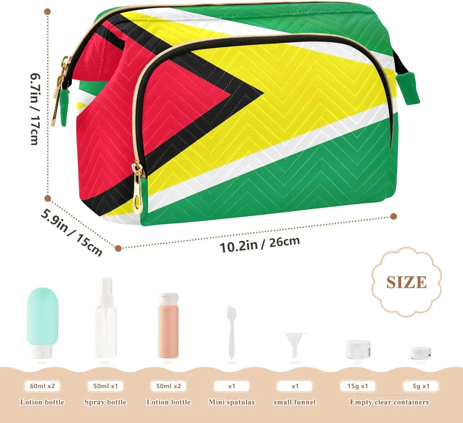 Large Capacity Cosmetic Bag Guyana Flag Travel Cosmetic Organizer Toiletry Bag with 9-Piece Accessory Set, Cosmetic Bags for Women for Purse