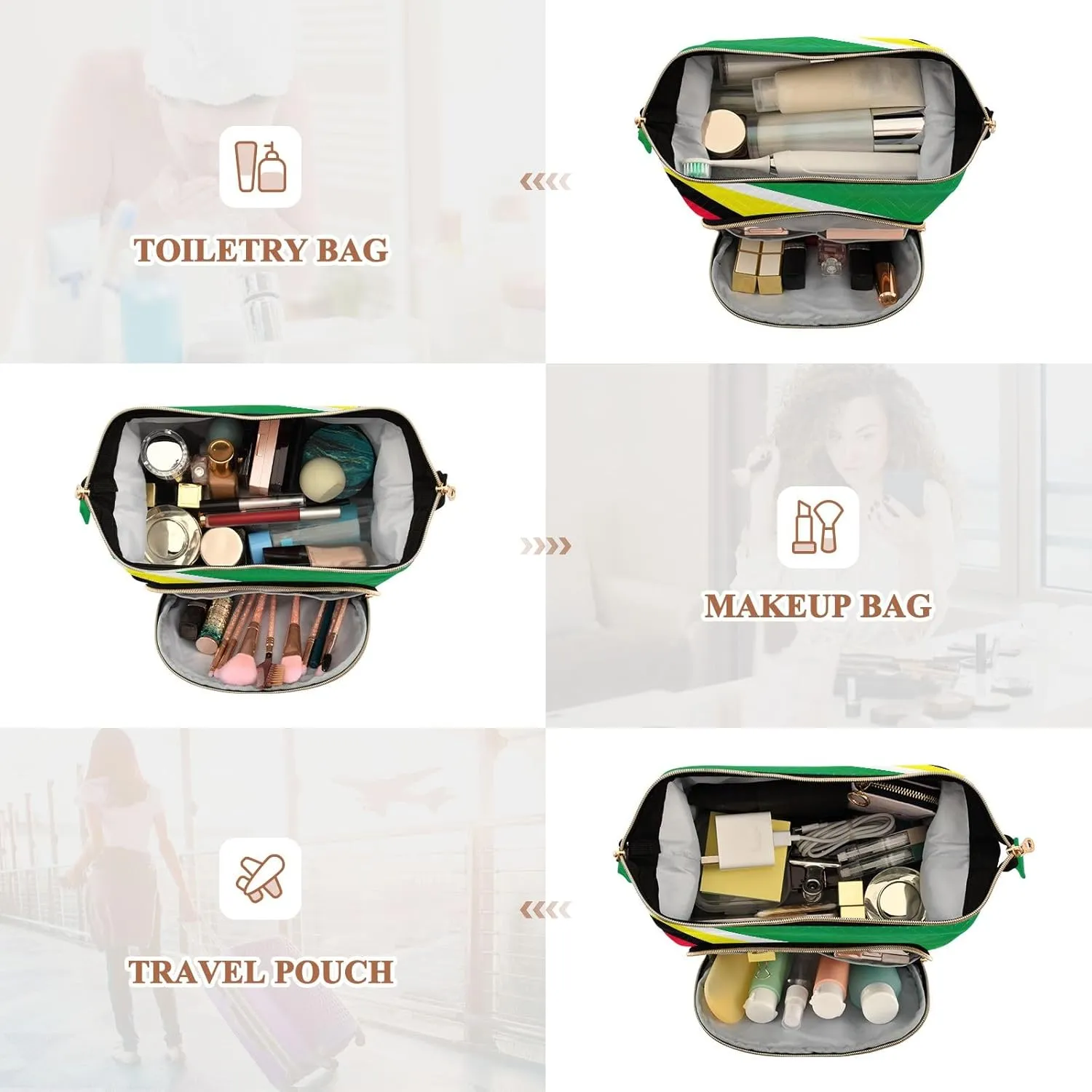 Large Capacity Cosmetic Bag Guyana Flag Travel Cosmetic Organizer Toiletry Bag with 9-Piece Accessory Set, Cosmetic Bags for Women for Purse