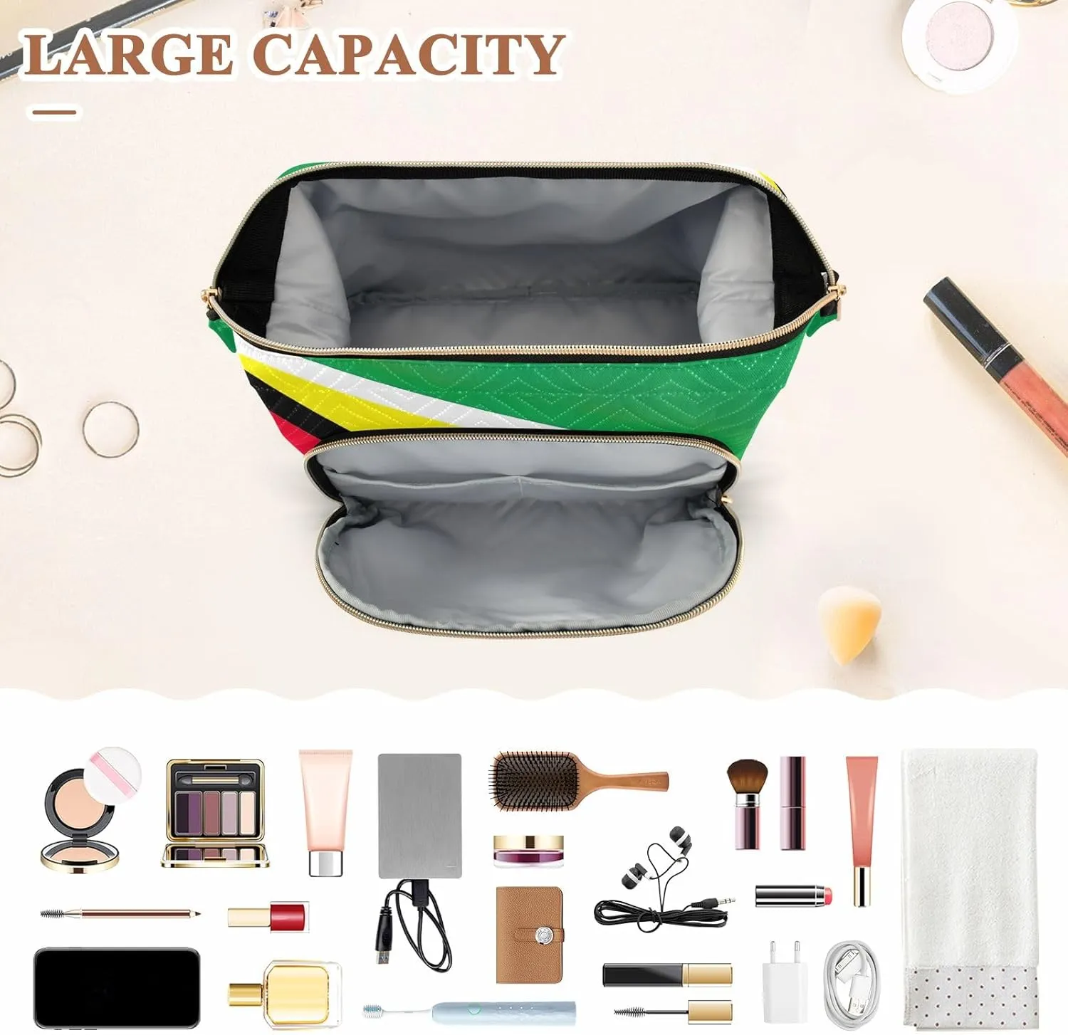 Large Capacity Cosmetic Bag Guyana Flag Travel Cosmetic Organizer Toiletry Bag with 9-Piece Accessory Set, Cosmetic Bags for Women for Purse