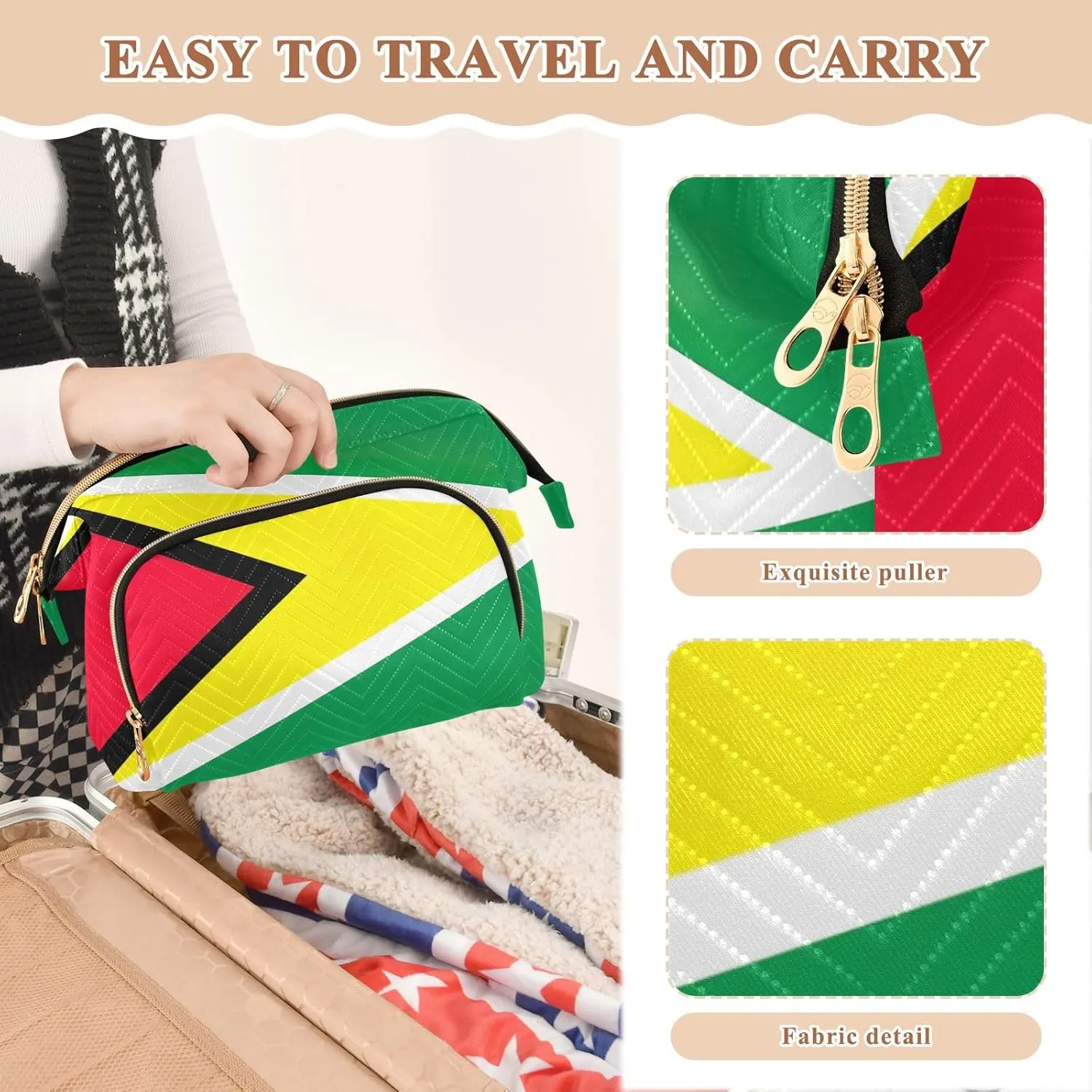 Large Capacity Cosmetic Bag Guyana Flag Travel Cosmetic Organizer Toiletry Bag with 9-Piece Accessory Set, Cosmetic Bags for Women for Purse