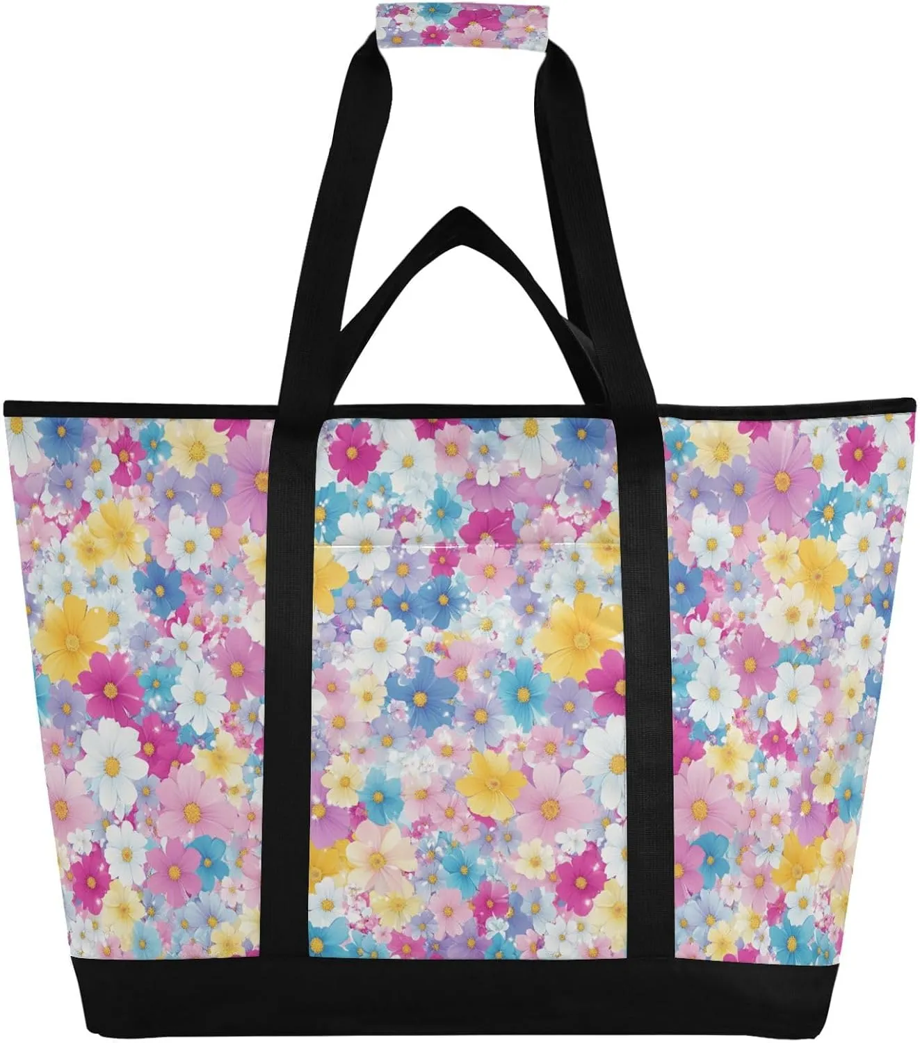 Large Capacity Insulated Cooler Bag for Hot/Cold Food Foldable Reusable and Leak Proof Food Grocery Bag for Travel Lunch Camping Beach Beautiful Flowers