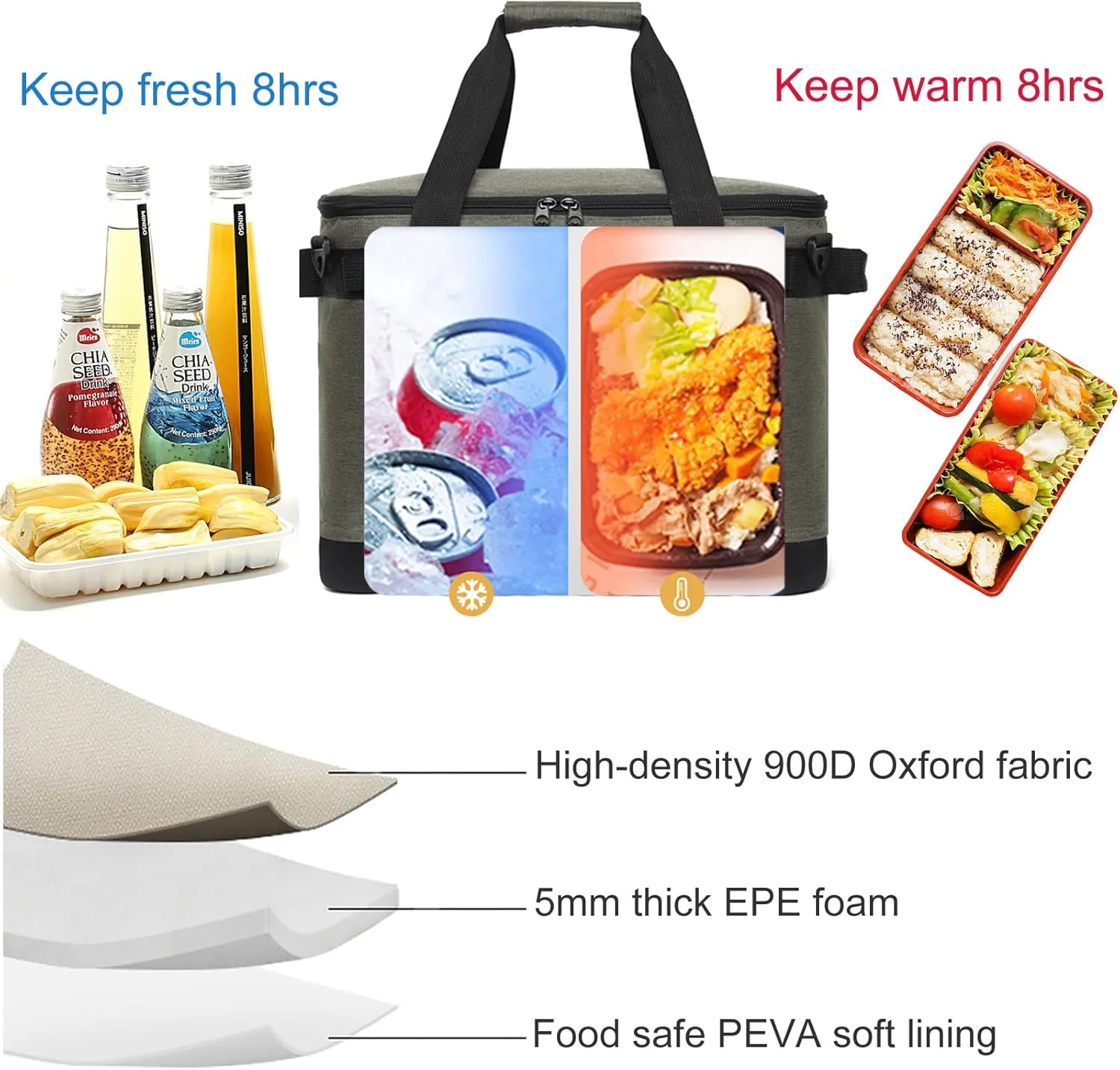 Large Insulated Lunch Bag Adult, Leak-Proof Lunch Cooler Bag for Men/Women Heavy Duty Collapsible Tote Soft Cooler for Beach, Shopping Grocery, Office BBQ-Brown