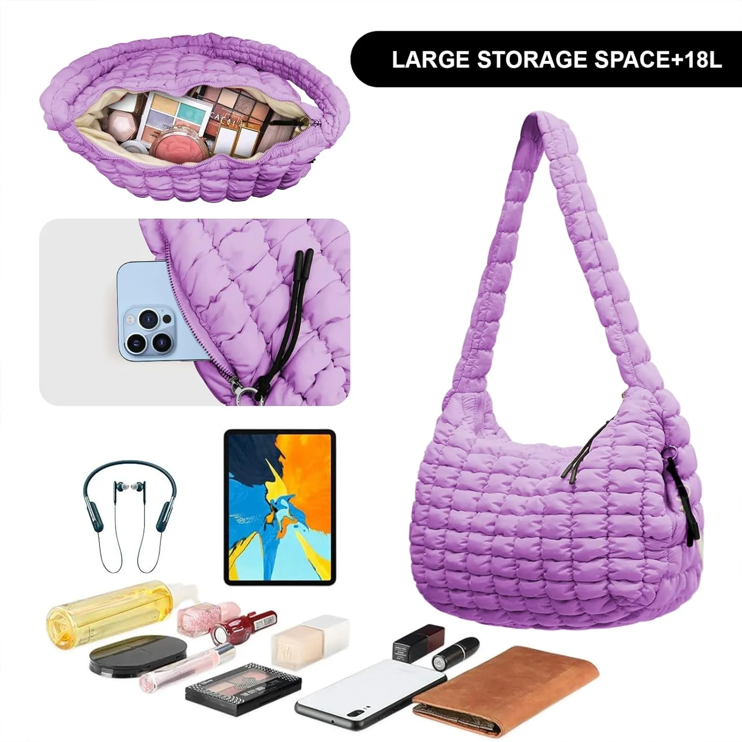 Large Puffer Tote Bag for Women Quilted Crossbody Bag, Hobo Quilted Tote Bag Crossbody Shoulder Handbags Puff Purse