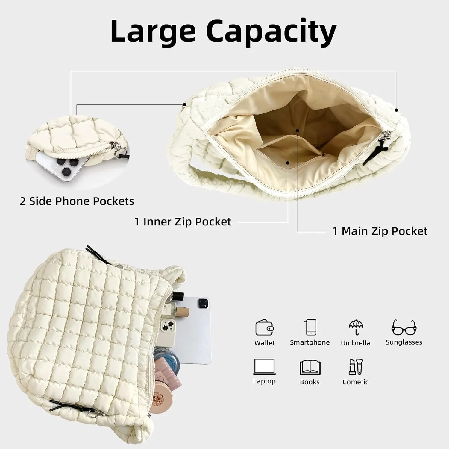 Large Quilted Tote Bag Crossbody Puffer Tote Bags for Women Quilted Hobo Bags Carryall Shoulder Bubble Bag