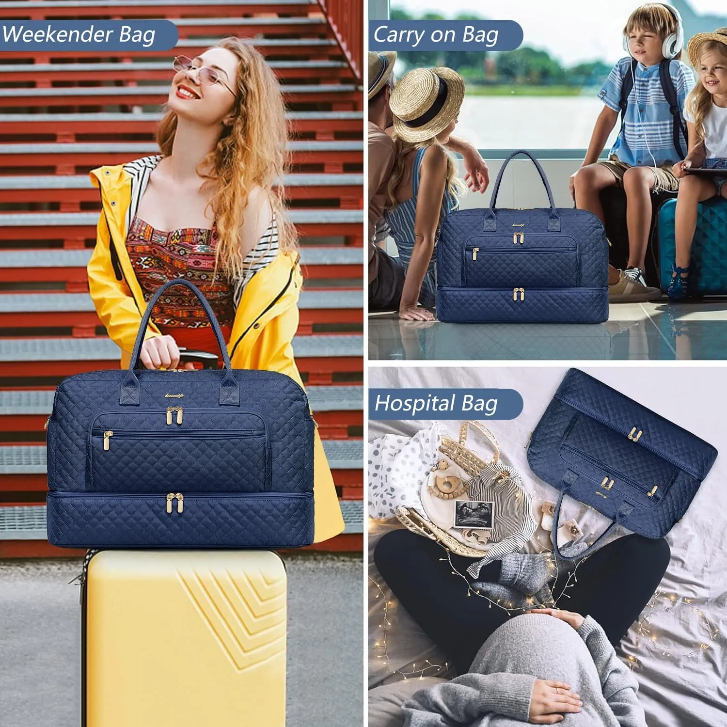 Large Women Travel Duffle Bag, Weekender Bags for Women with Shoe Compartment, Carry on Overnight Bag with Toiletry Bag, Gym Duffel Bag with Wet Pocket, Hospital Bags for Labor and Delivery