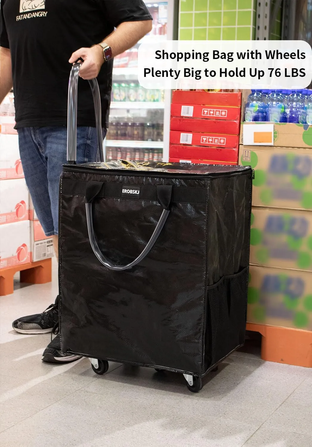 (Large,Black) Reusable Grocery Bag on Wheels, Foldable Rolling Tote,76 lbs Capacity Shopping Trolley,Zipper Clouser Shopping Bag with Wheels for Trips, Laundry, Rolling Carts with Wheels and Handle