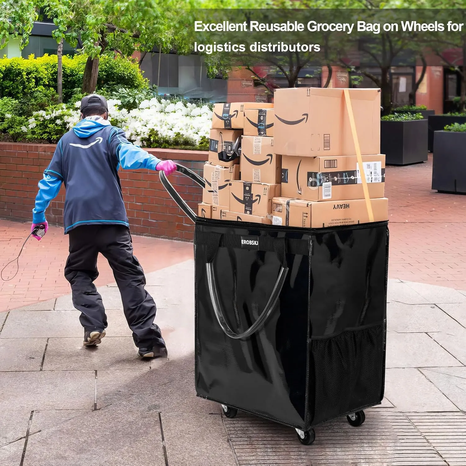 (Large,Black) Reusable Grocery Bag on Wheels, Foldable Rolling Tote,76 lbs Capacity Shopping Trolley,Zipper Clouser Shopping Bag with Wheels for Trips, Laundry, Rolling Carts with Wheels and Handle