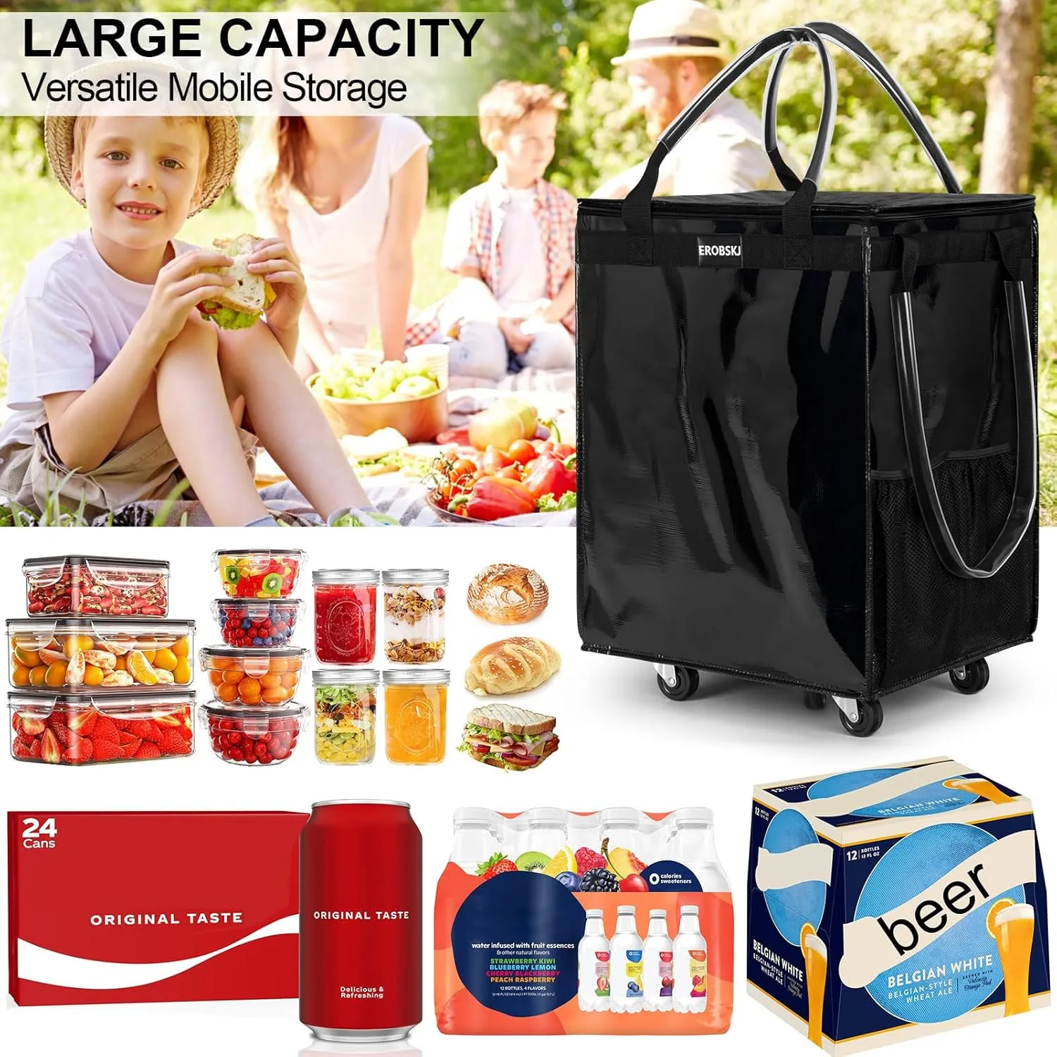 (Large,Black) Reusable Grocery Bag on Wheels, Foldable Rolling Tote,76 lbs Capacity Shopping Trolley,Zipper Clouser Shopping Bag with Wheels for Trips, Laundry, Rolling Carts with Wheels and Handle