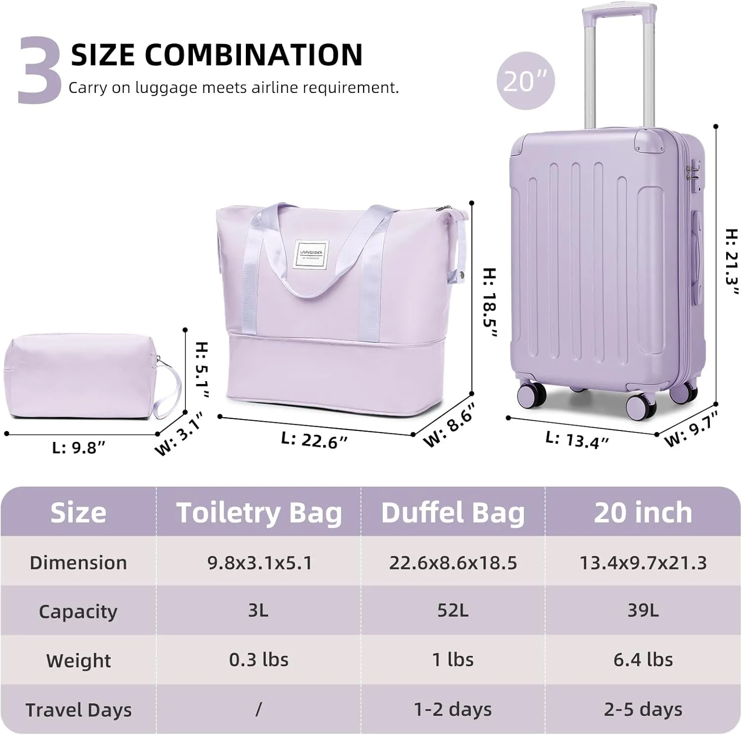 LARVENDER Luggage Sets 3 Piece Expandable Carry on Luggage 22x14x9 Airline Approved Hardshell Suitcase with Spinner Wheels TSA Lock, Lightweight Travel Suitcase Set for Women, Lilac