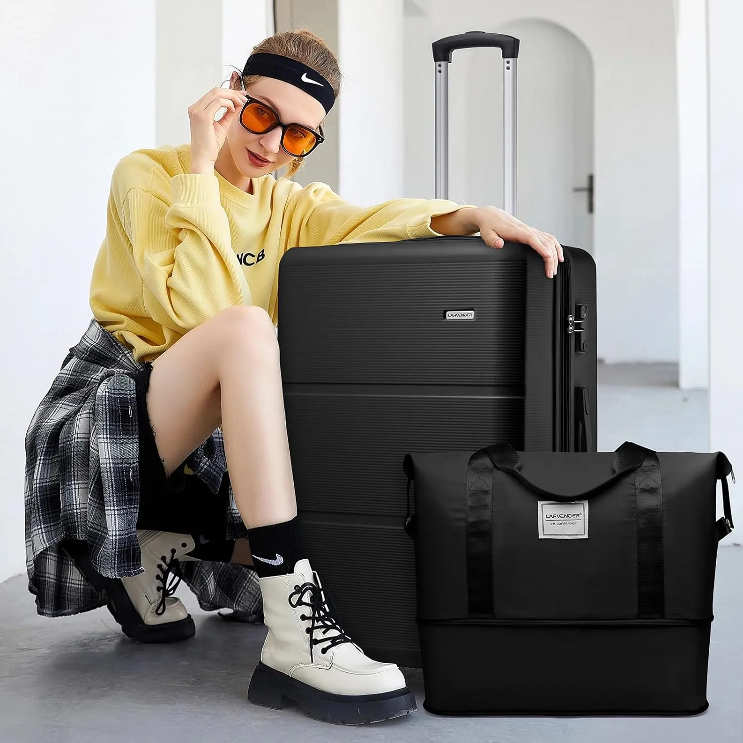 LARVENDER Luggage Sets 5 Piece, Expandable(Only 28in) ABS Suitcase with Duffel Bag 360° Spinner Wheels, Durable Luggage Set Clearance Carry On Suitcase Set For Women Men, Black