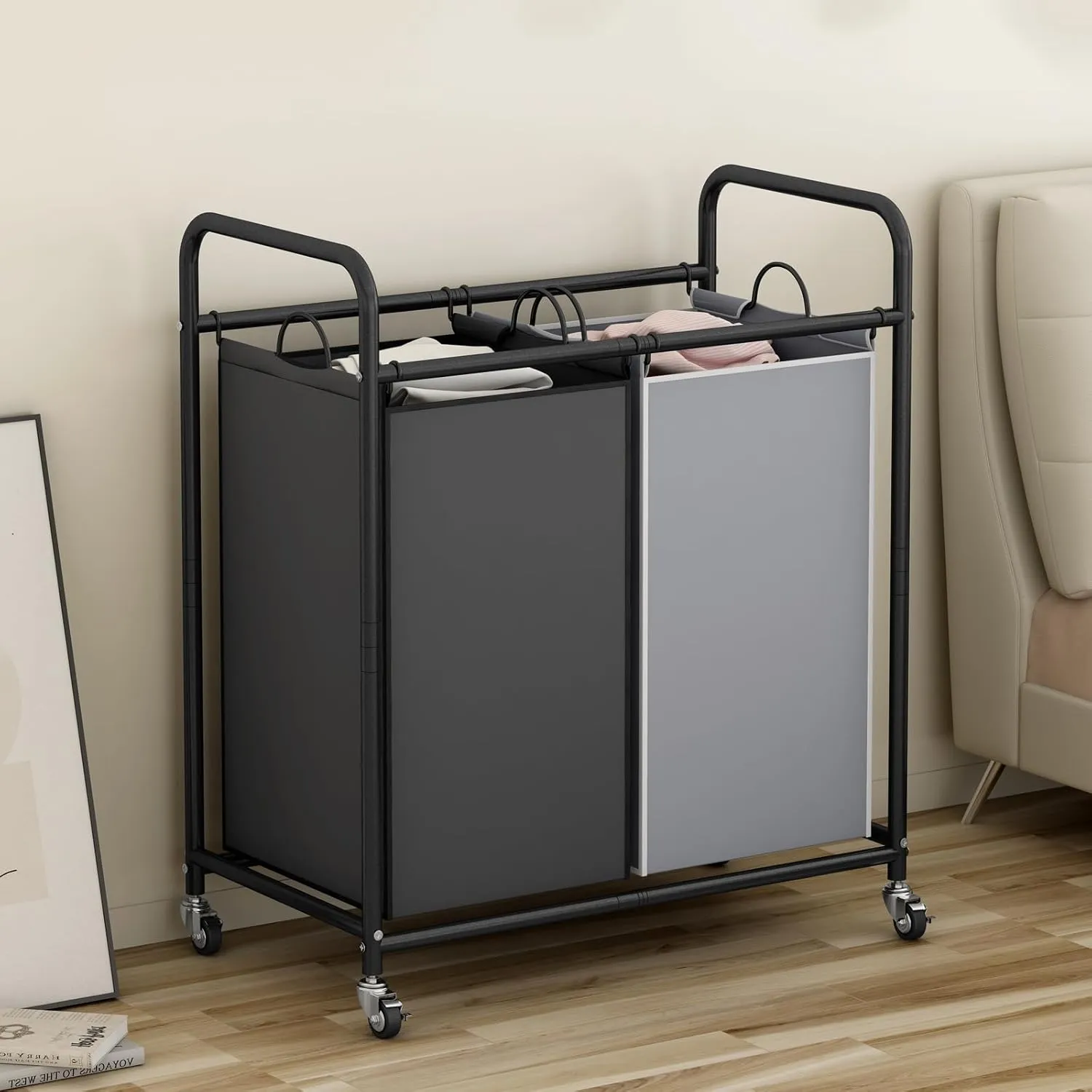 Laundry Sorter Basket 2 Bag Laundry Hamper Cart with Rolling Lockable Wheels and Removable Bags Laundry Organizer Cart for Clothes Storage