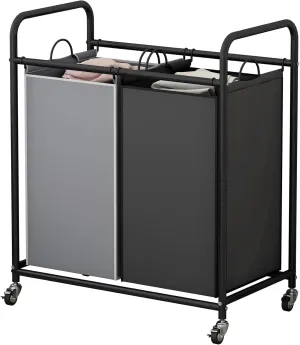 Laundry Sorter Basket 2 Bag Laundry Hamper Cart with Rolling Lockable Wheels and Removable Bags Laundry Organizer Cart for Clothes Storage