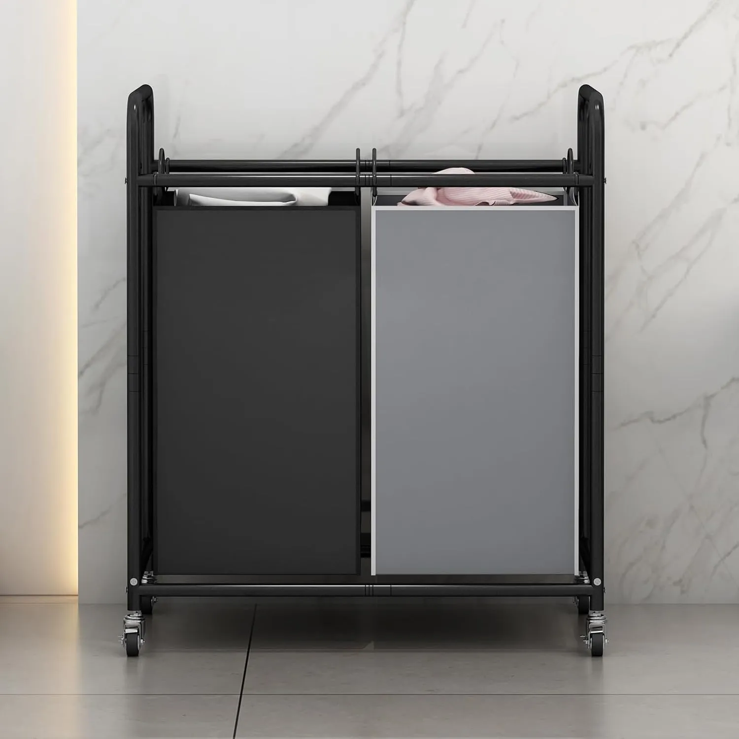 Laundry Sorter Basket 2 Bag Laundry Hamper Cart with Rolling Lockable Wheels and Removable Bags Laundry Organizer Cart for Clothes Storage