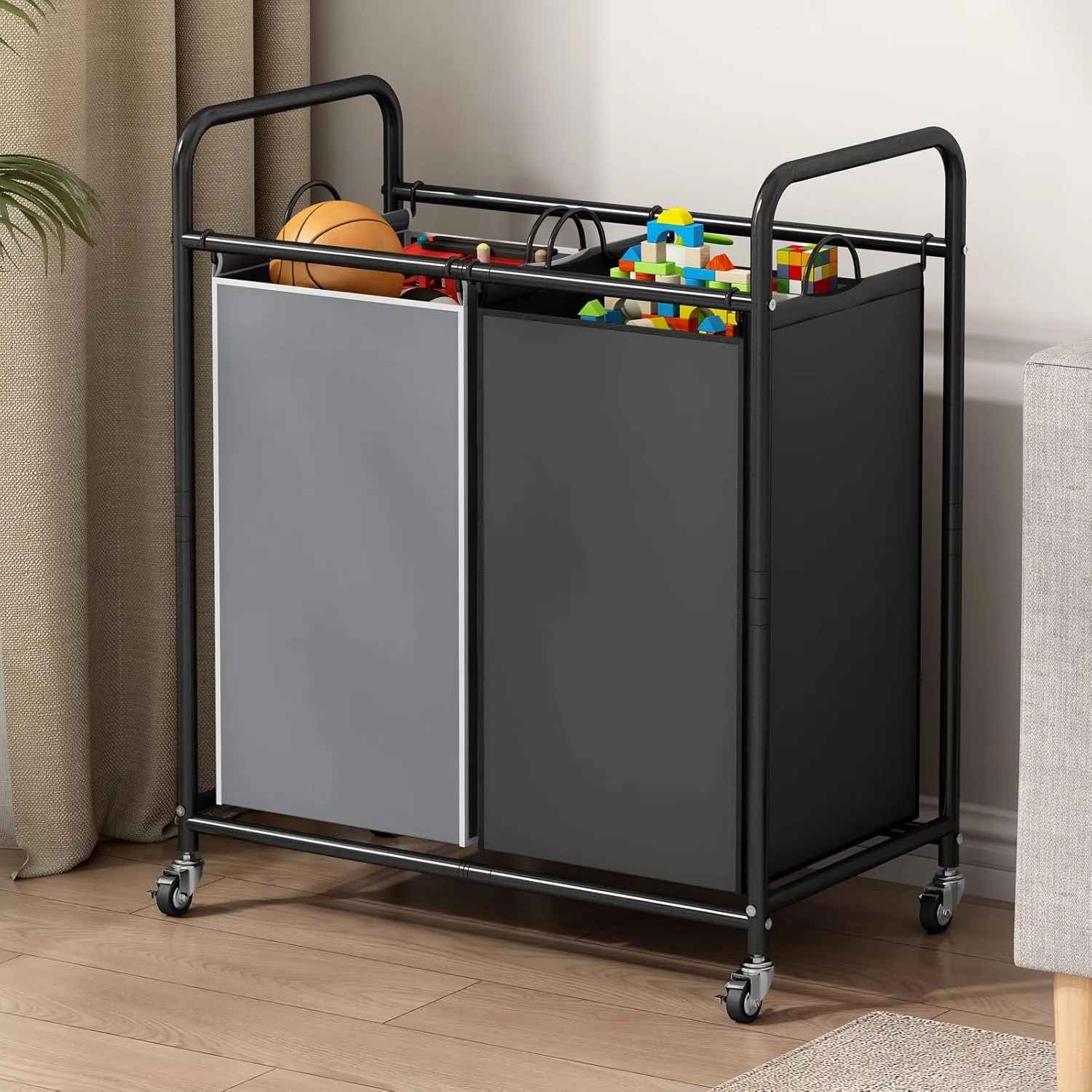 Laundry Sorter Basket 2 Bag Laundry Hamper Cart with Rolling Lockable Wheels and Removable Bags Laundry Organizer Cart for Clothes Storage