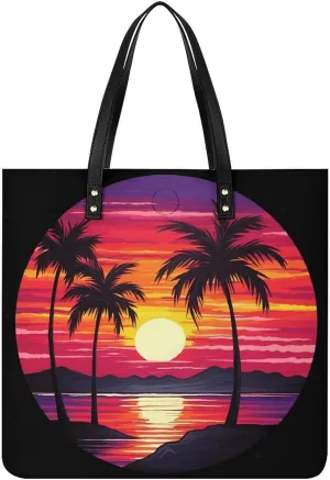 Leather Tote Shoulder Handbag Palm Tree Sunset Design Tote Bag for Woman Shopping Bags for Work Travel