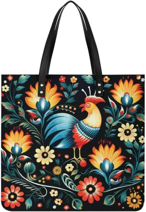 Leather Tote Shoulder Handbag Polish Folk Art Pattern Tote Bag for Woman Shopping Bags for Work Travel
