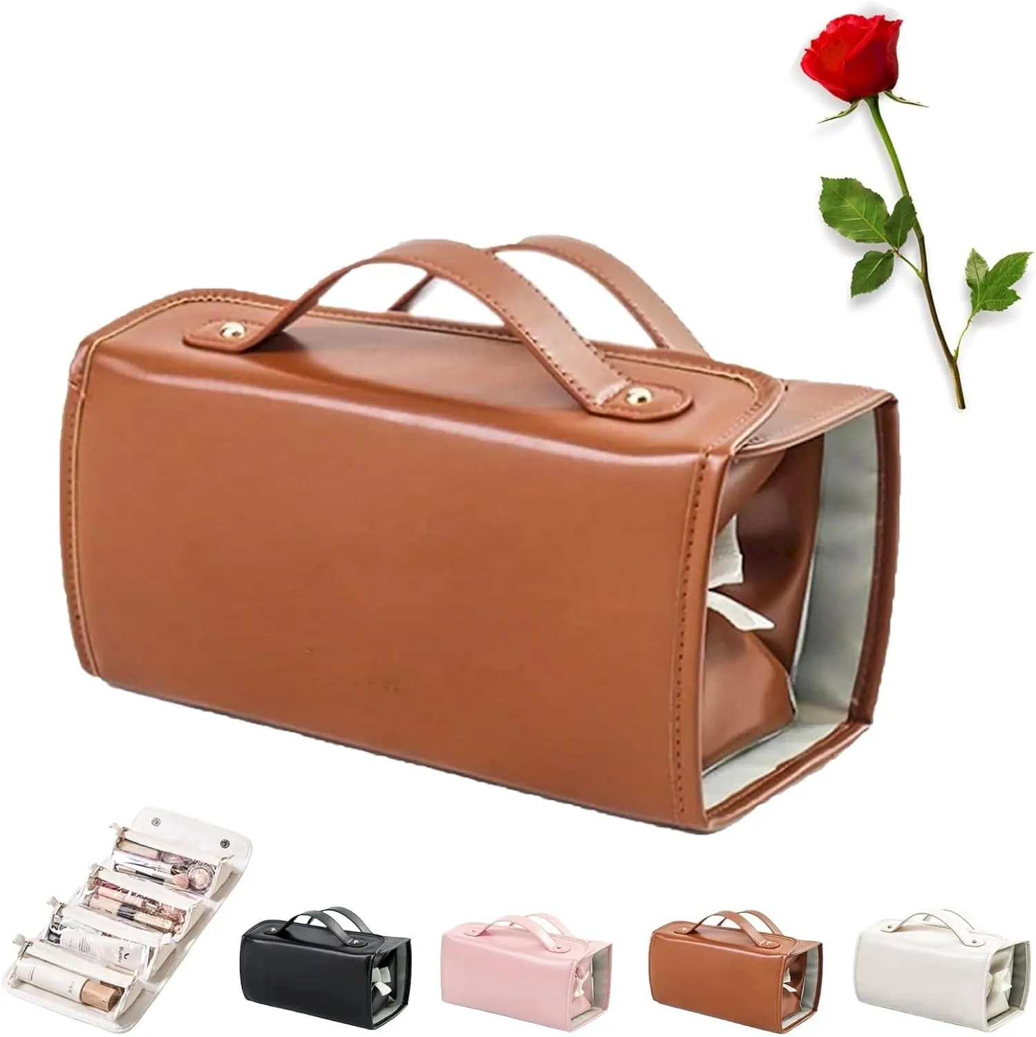 Leather Waterproof Cosmetic Bag Portable 4-in-1 Foldable Cosmetic Bag Large Capacity Travel Toiletry Bag Roll Up Toiletry Bag Independent Partition Removable