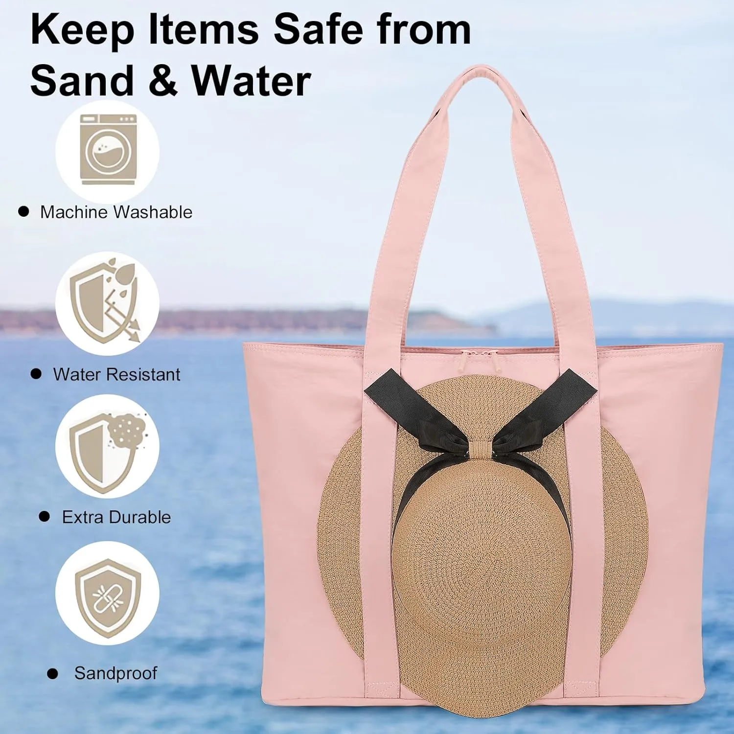 LEDAOU Beach Bags for Women, Beach Bags Waterproof Sandproof, Packable Beach Tote Bag with Zipper Travel Sports