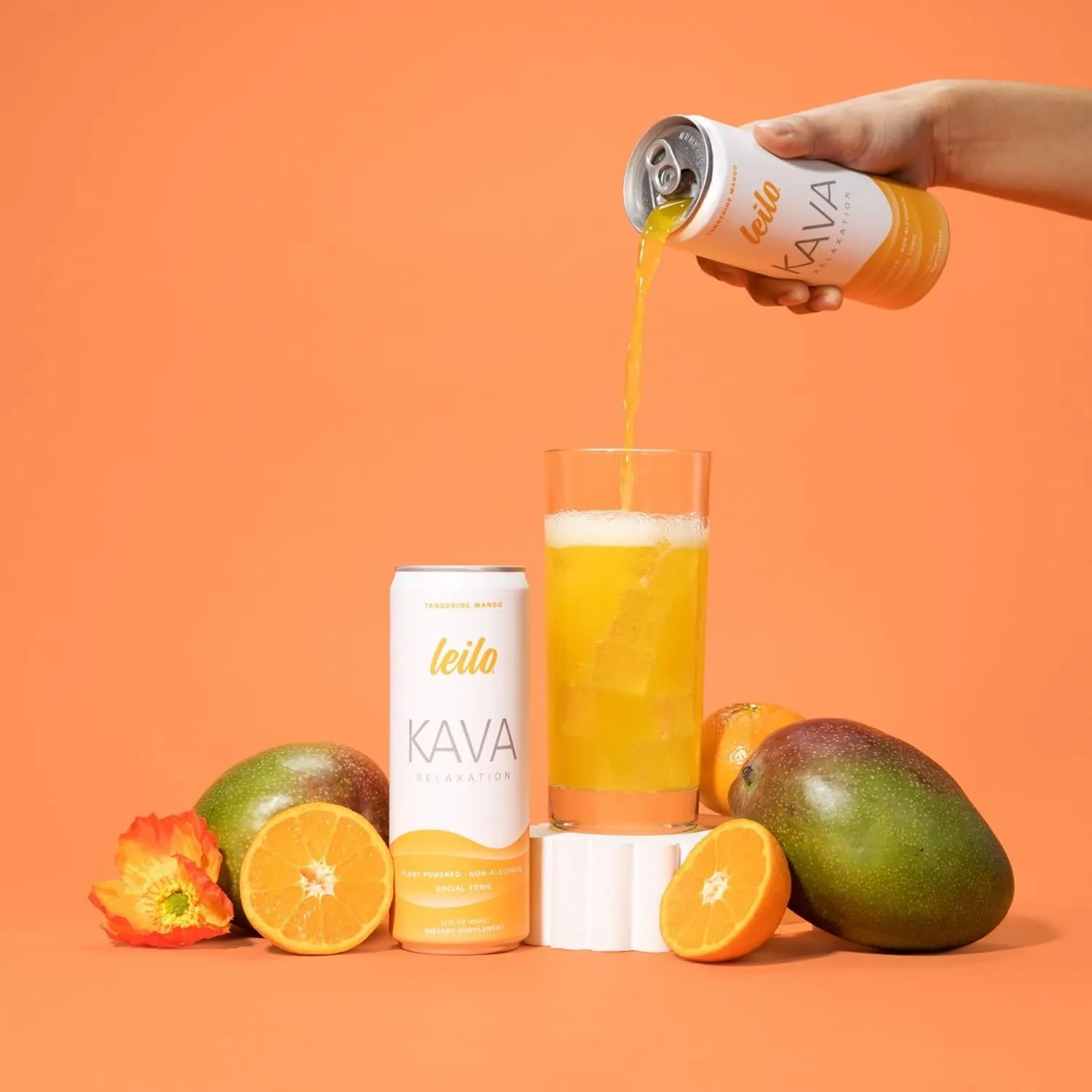 LEILO | Kava Powered Sparkling Relaxation Drink | Tangerine Mango 12-Pack – Non-ALC Calming Beverage | 12 fl oz Cans (Pack of 12) | Packaging May Vary
