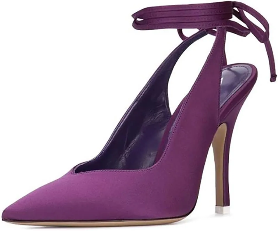 LEMUTISME Women's Sexy Pointed Toe Pumps Summer Lace-up Satin Stiletto High Heels Dressy Slingback Shoes for Party Evening