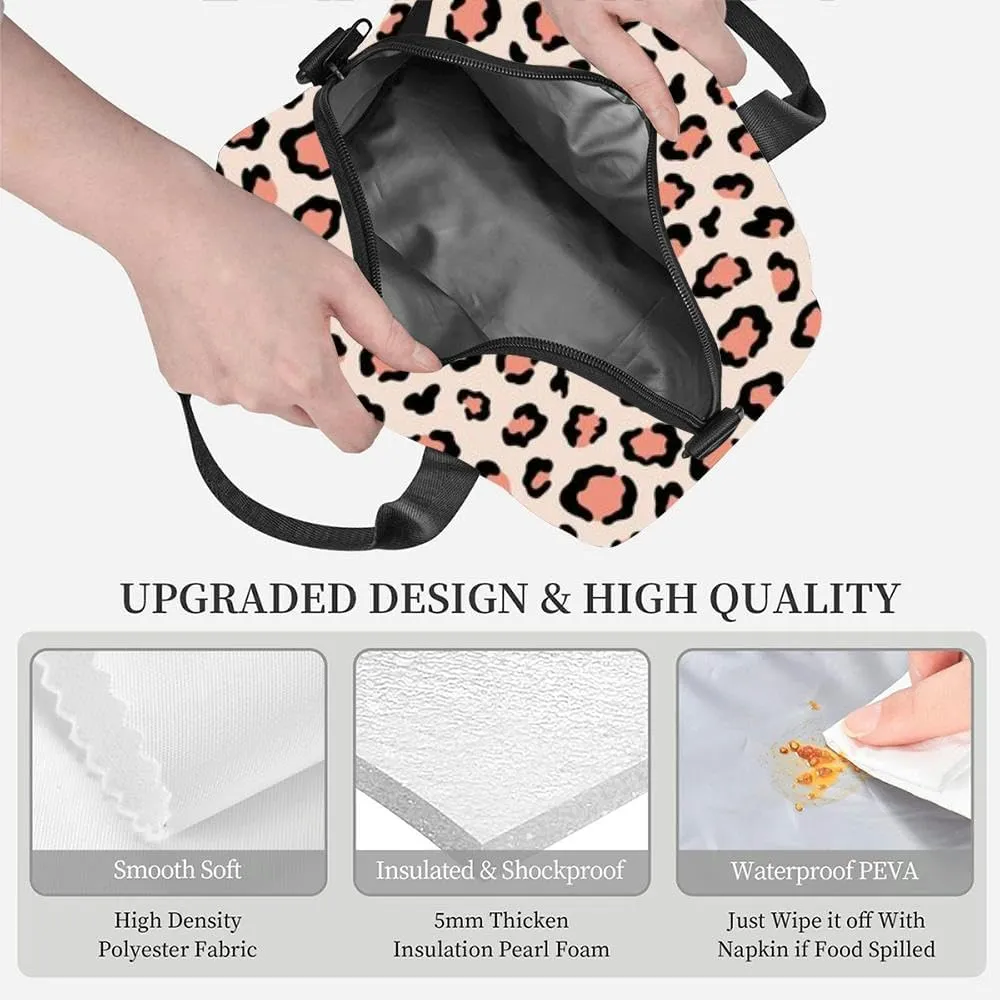 leopard print pink printing textiles ceramics paper and other Insulated Adult Lunch Bag with Shoulder Strap for Women Lightweight Reusable Portable Freezable Lunch Tote Bag for Work Picnic