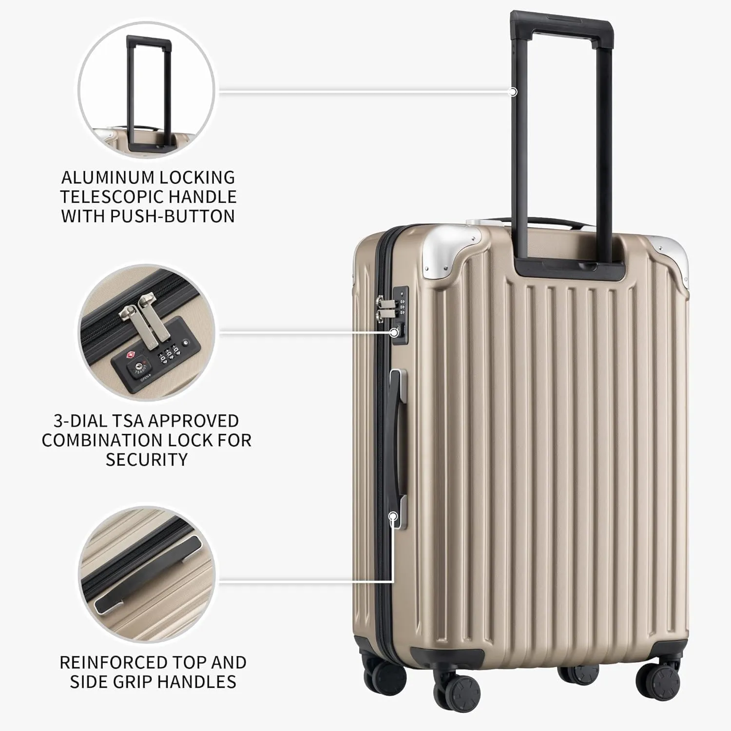 LEVEL8 Grace Luggage Sets Hardshell Suitcase with Wheels, Sturdy Large Suitcase Tsa Lock 20 Inch Expandable Carry on 24 Inch 28 Inch Checked Luggage, 3-Piece Set (20/24/28), Champagne