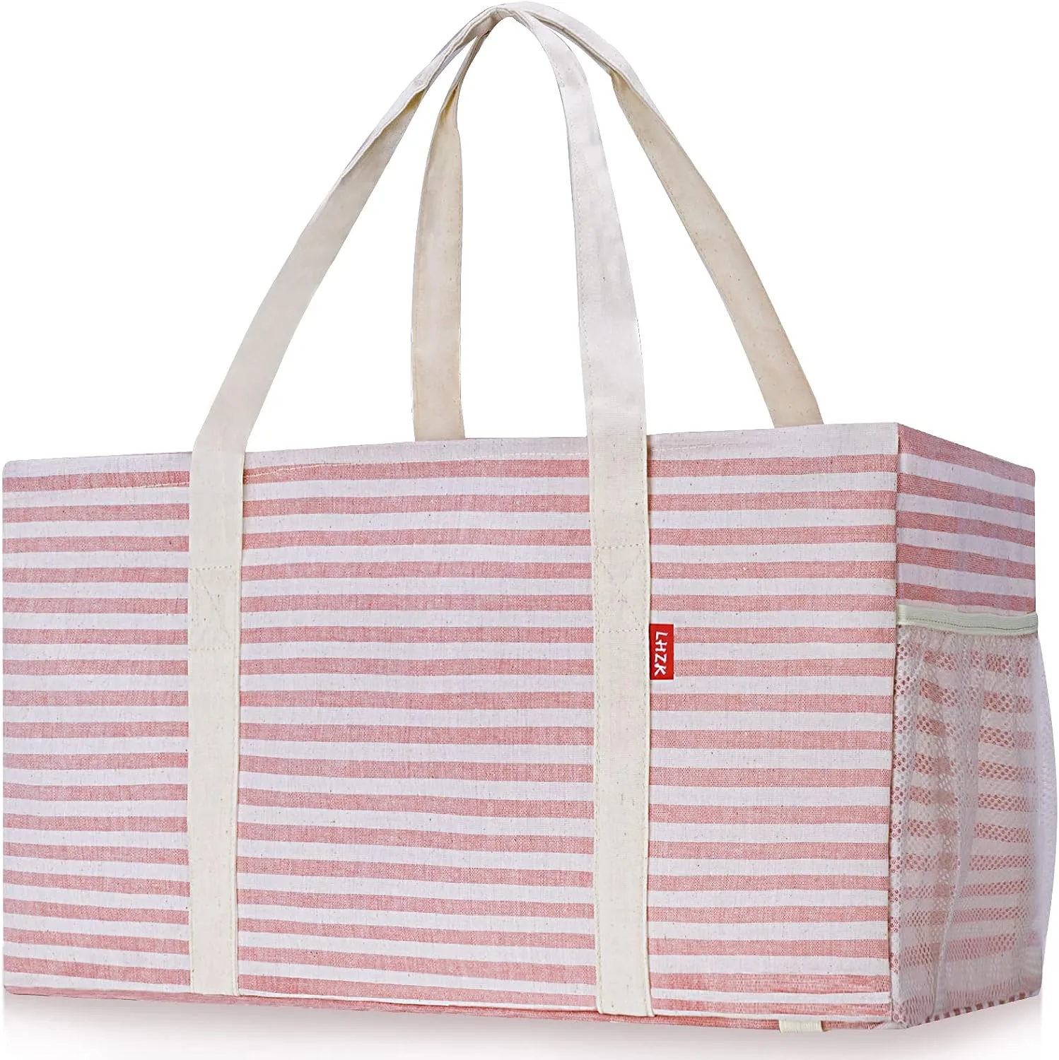 LHZK 2 Pack Extra Large Utility Tote Bag with Metal Wire Frame and the Sides Rinforced, Extra Large Tote Bag with Handle for Pool Beach Laundry Storage (Pink)