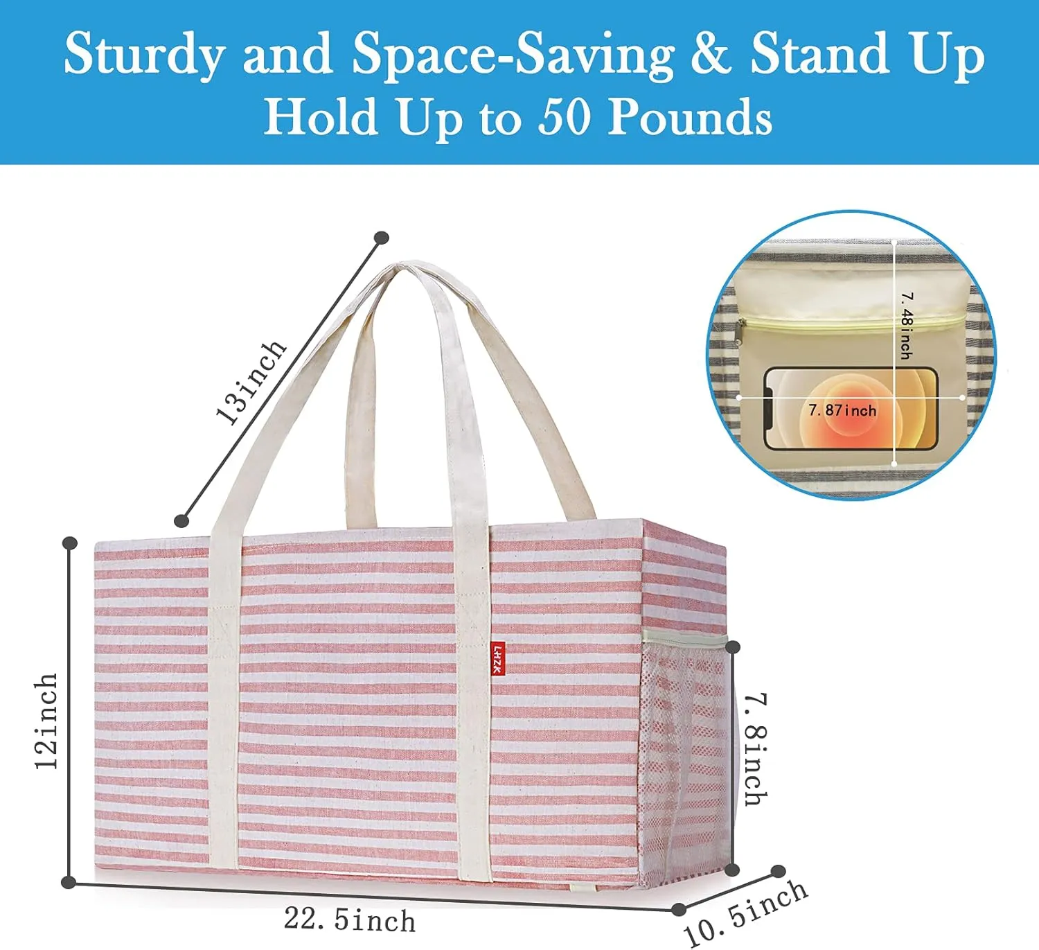 LHZK 2 Pack Extra Large Utility Tote Bag with Metal Wire Frame and the Sides Rinforced, Extra Large Tote Bag with Handle for Pool Beach Laundry Storage (Pink)