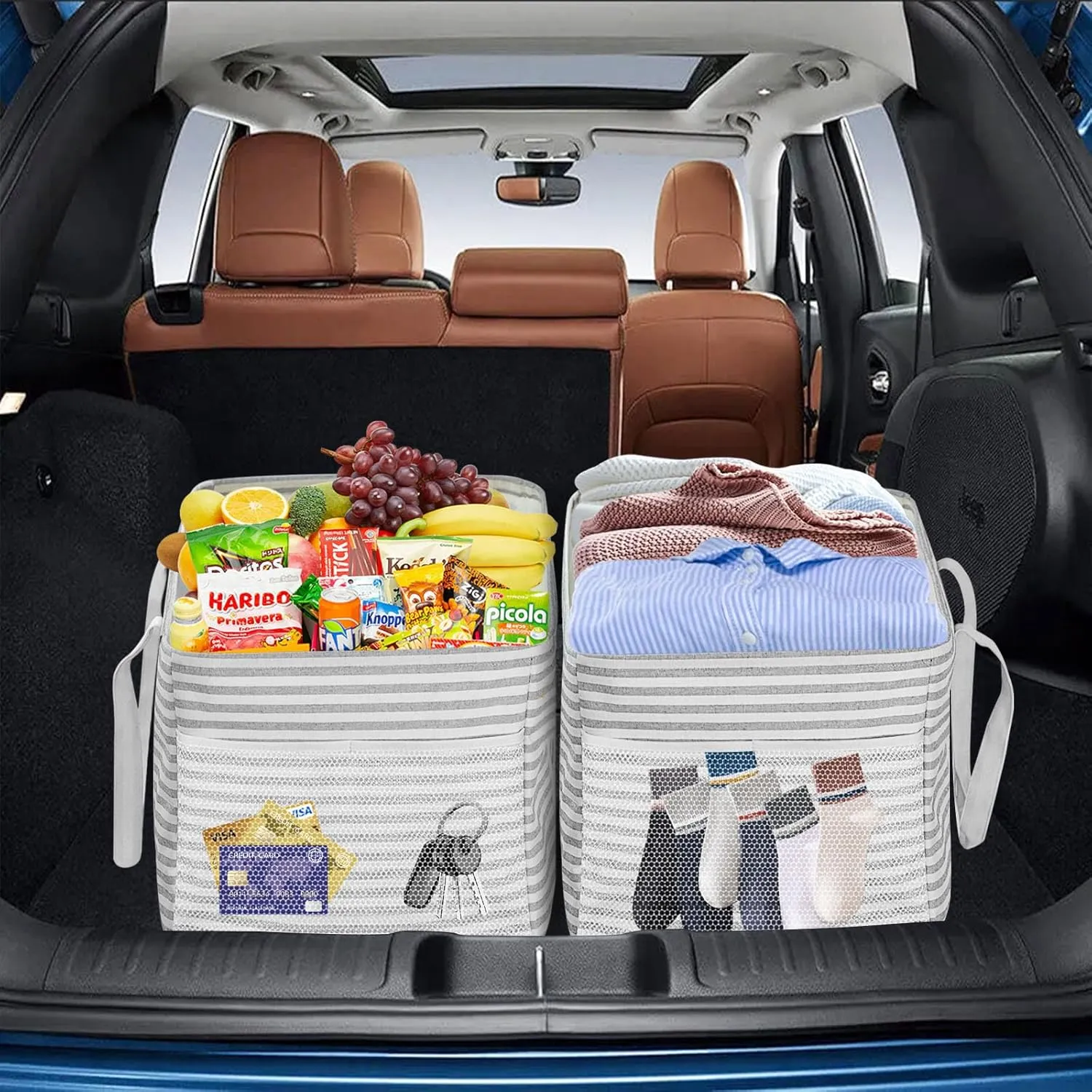 LHZK Standing Extra Large Utility Tote Bag with Metal Wire Frame and the Sides Rinforced, Extra Large Tote Bag with Handle, Reusable Grocery Bags Foldable, Beach Bag, Car Tote (Grey, 26''x15''x13'')