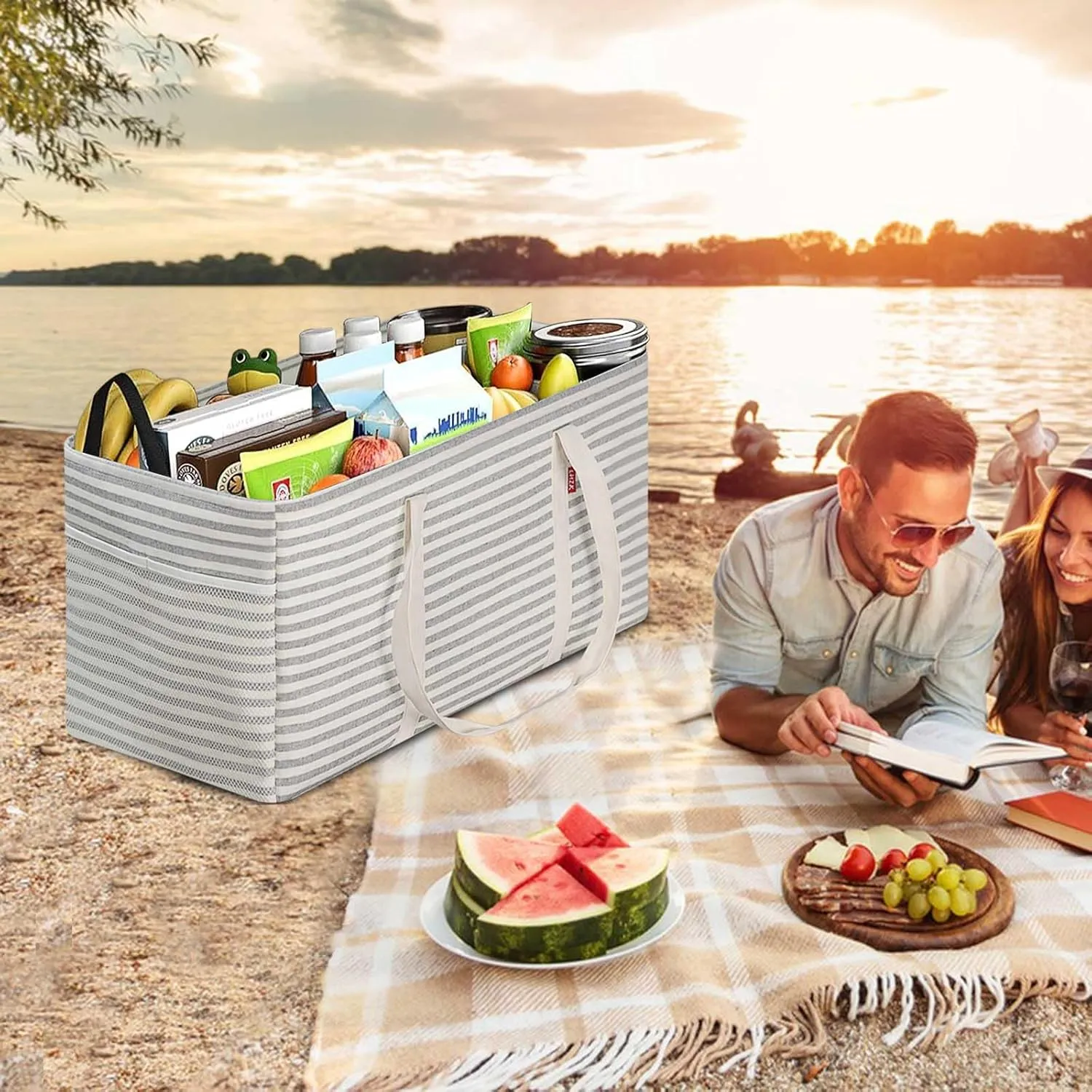 LHZK Standing Extra Large Utility Tote Bag with Metal Wire Frame and the Sides Rinforced, Extra Large Tote Bag with Handle, Reusable Grocery Bags Foldable, Beach Bag, Car Tote (Grey, 26''x15''x13'')