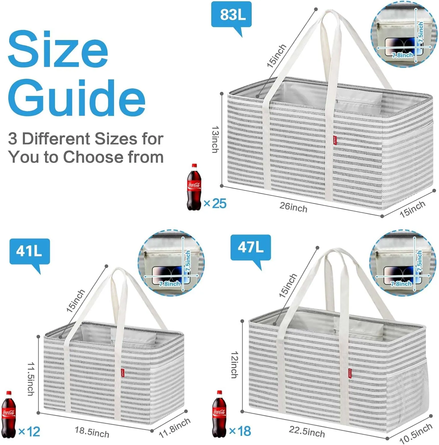 LHZK Standing Extra Large Utility Tote Bag with Metal Wire Frame and the Sides Rinforced, Extra Large Tote Bag with Handle, Reusable Grocery Bags Foldable, Beach Bag, Car Tote (Grey, 26''x15''x13'')