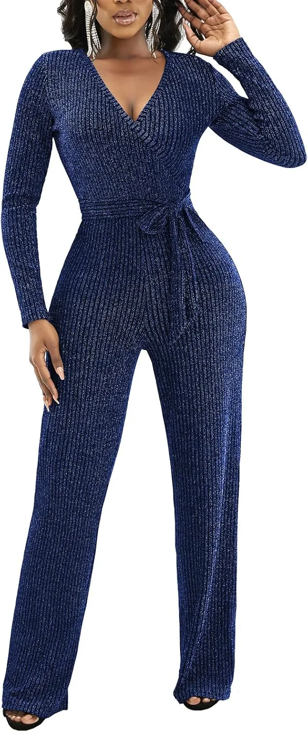 LightlyKiss Women's casual sexy V-neck sparkling jumpsuit long sleeve loose jumpsuits Fashion Club party Rompers with belt