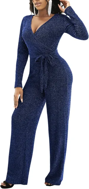 LightlyKiss Women's casual sexy V-neck sparkling jumpsuit long sleeve loose jumpsuits Fashion Club party Rompers with belt