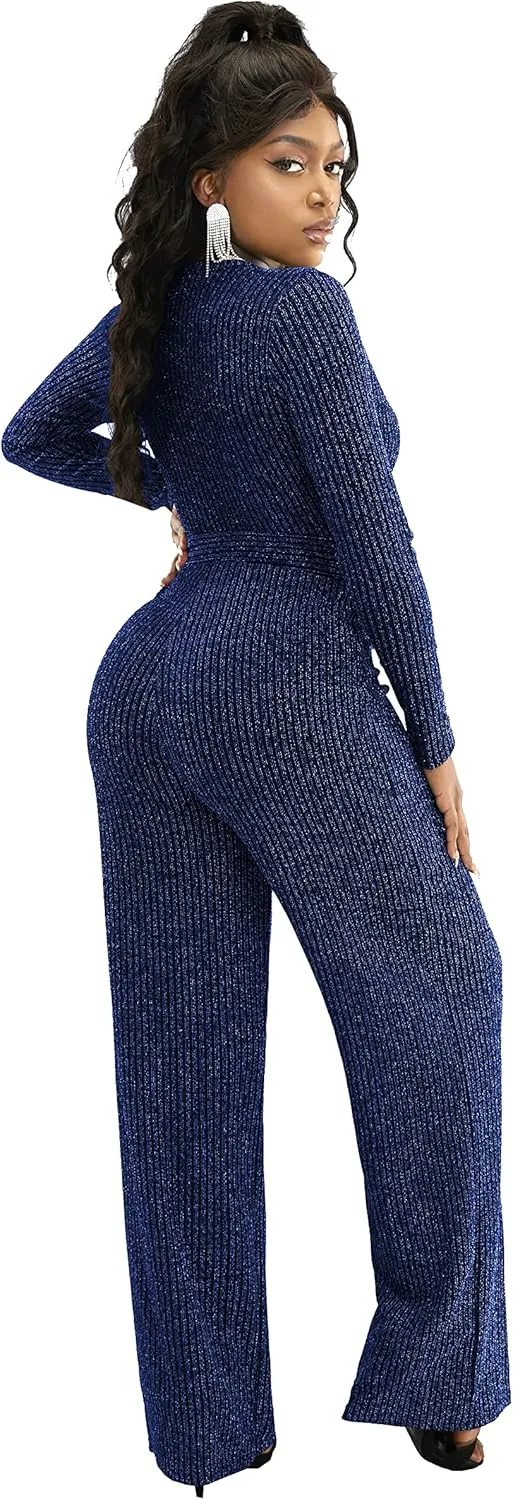 LightlyKiss Women's casual sexy V-neck sparkling jumpsuit long sleeve loose jumpsuits Fashion Club party Rompers with belt