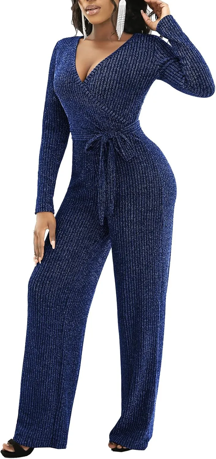 LightlyKiss Women's casual sexy V-neck sparkling jumpsuit long sleeve loose jumpsuits Fashion Club party Rompers with belt
