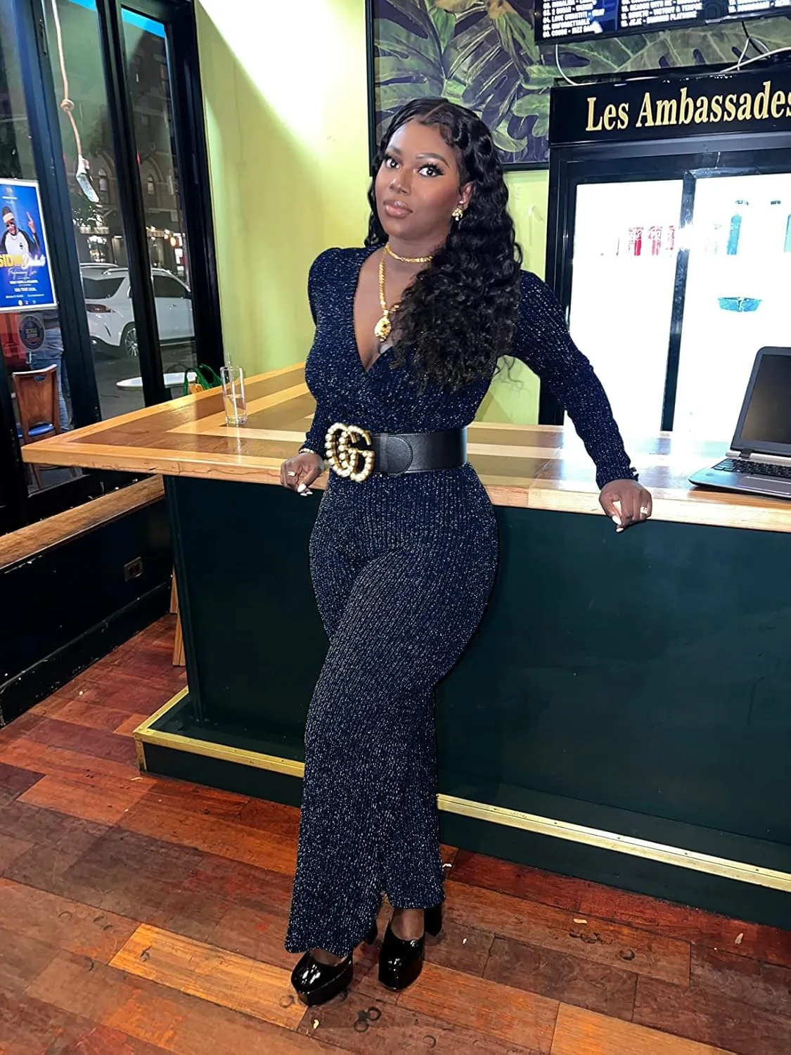 LightlyKiss Women's casual sexy V-neck sparkling jumpsuit long sleeve loose jumpsuits Fashion Club party Rompers with belt