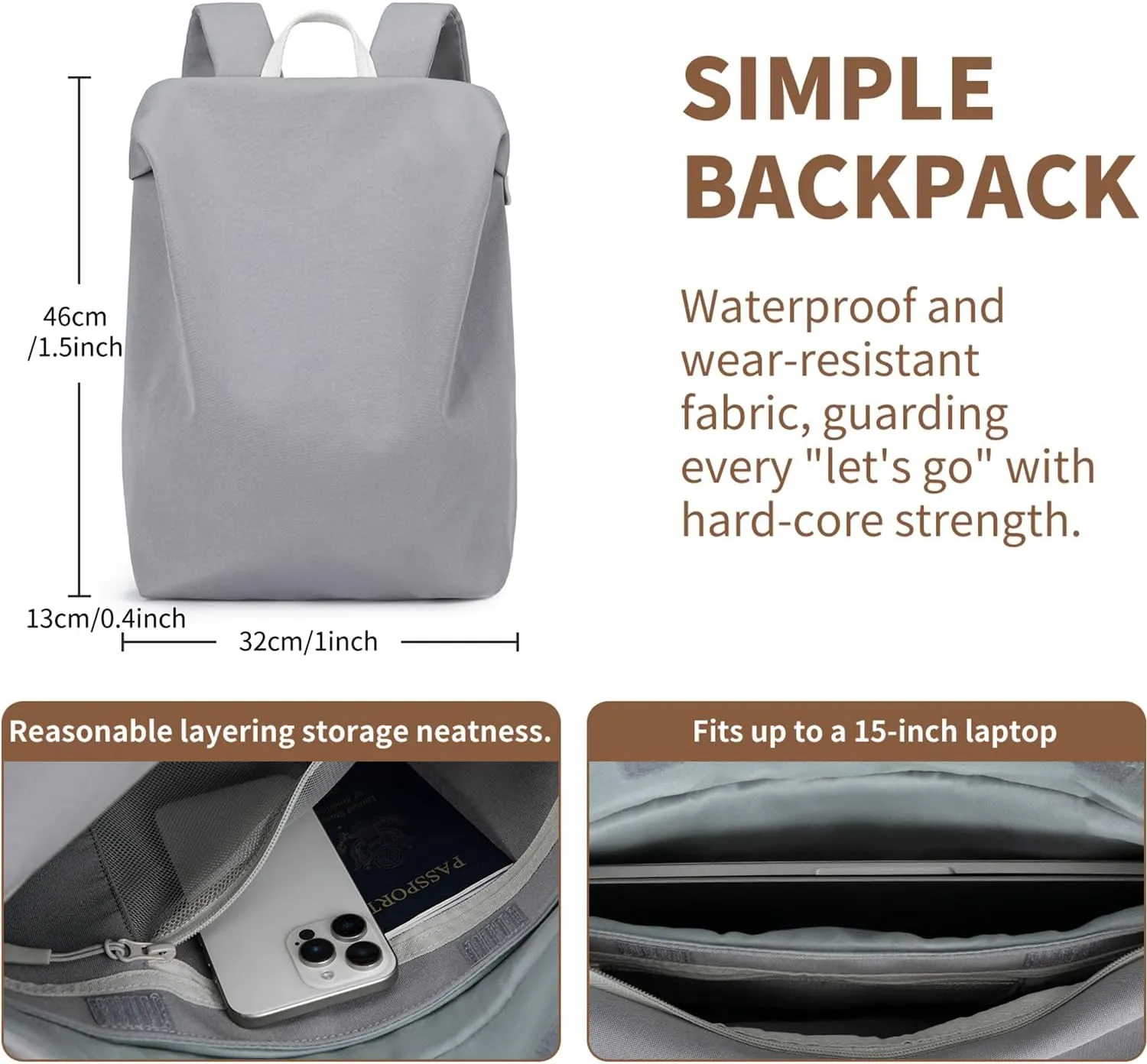 Lightweight Airy Waterproof Backpack - Durable Laptop Bookbag, Anti-Slip Compartments for Travel, Work, School (Gray)