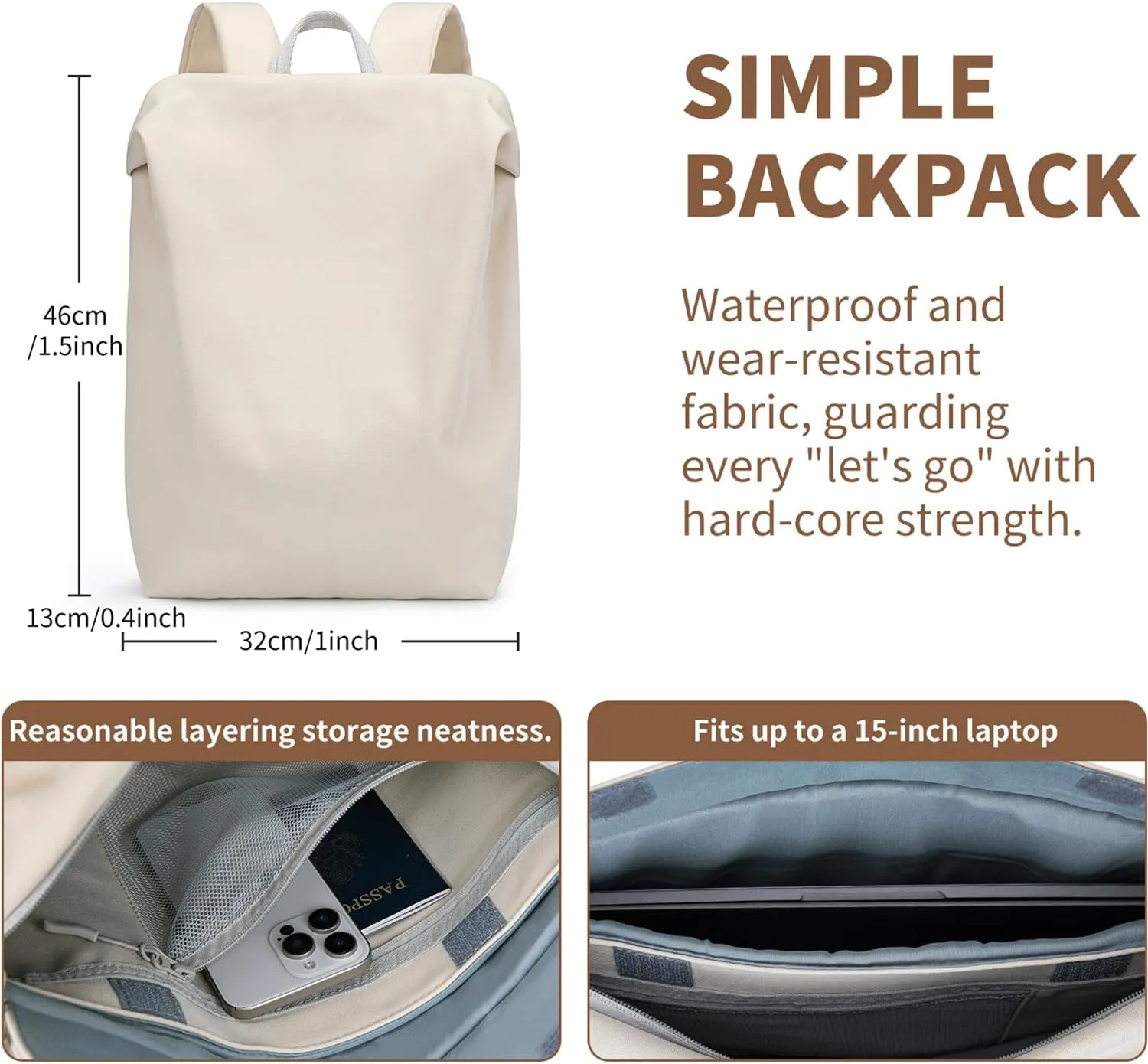 Lightweight Airy Waterproof Backpack - Durable Laptop Bookbag, Anti-Slip Compartments for Travel, Work, School (White)