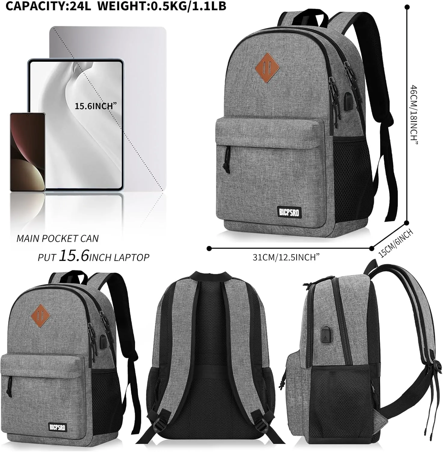Lightweight Casual 15.6 inch Laptop Backpack with USB Charging Port for Men Women, Daily Use Grey backpack, College Backpack, simple bookbag, Work Travel Business back pack